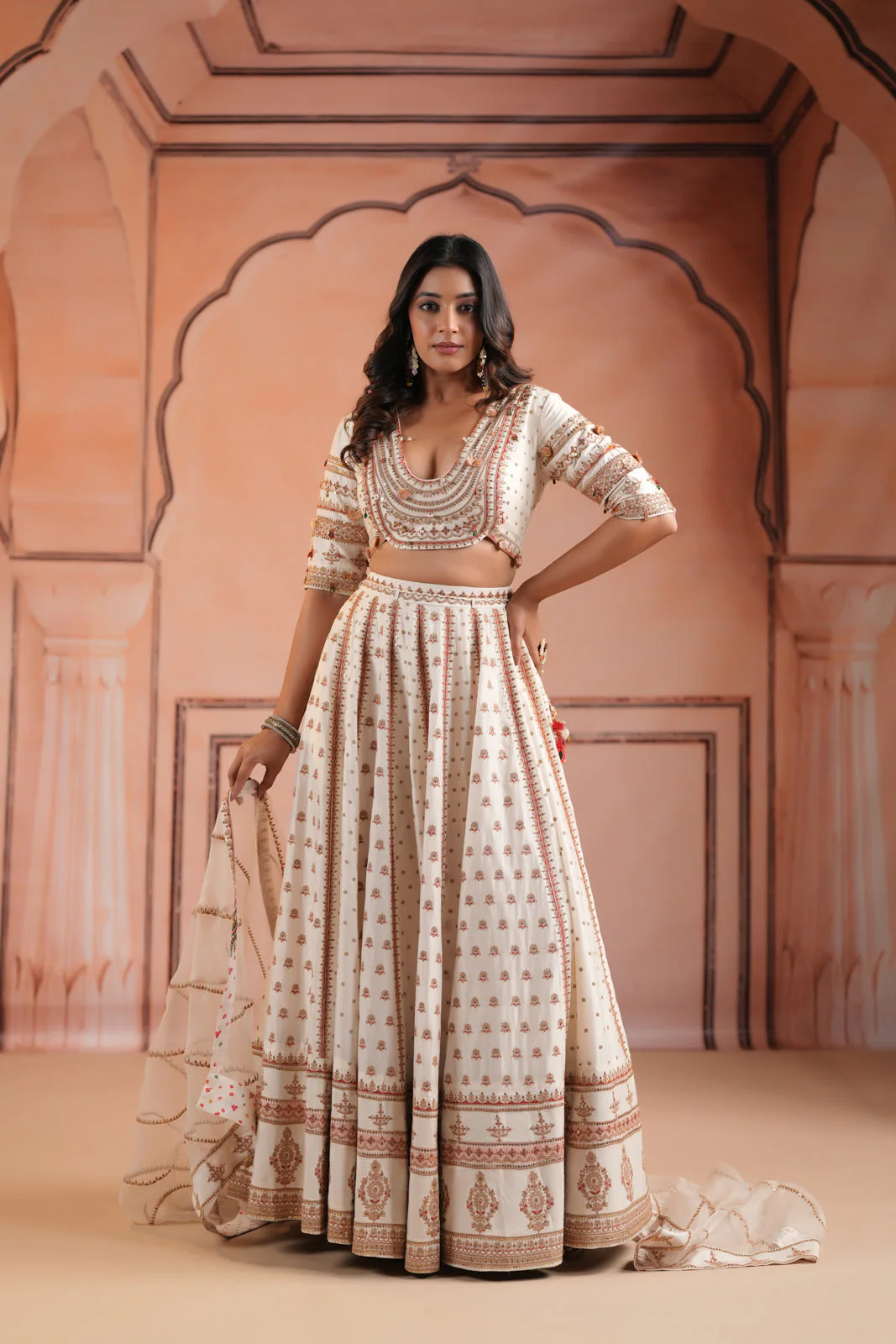 Off White Raw Silk Crop Top Lehenga Set With Allover Sequin Work And Embroidery - Image 7