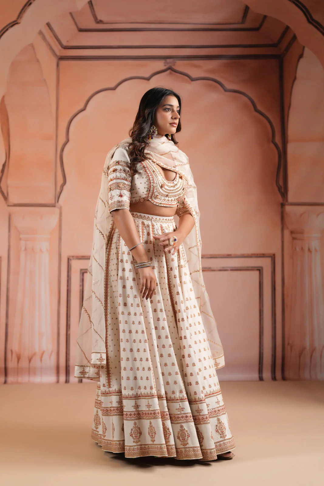 Off White Raw Silk Crop Top Lehenga Set With Allover Sequin Work And Embroidery - Image 8