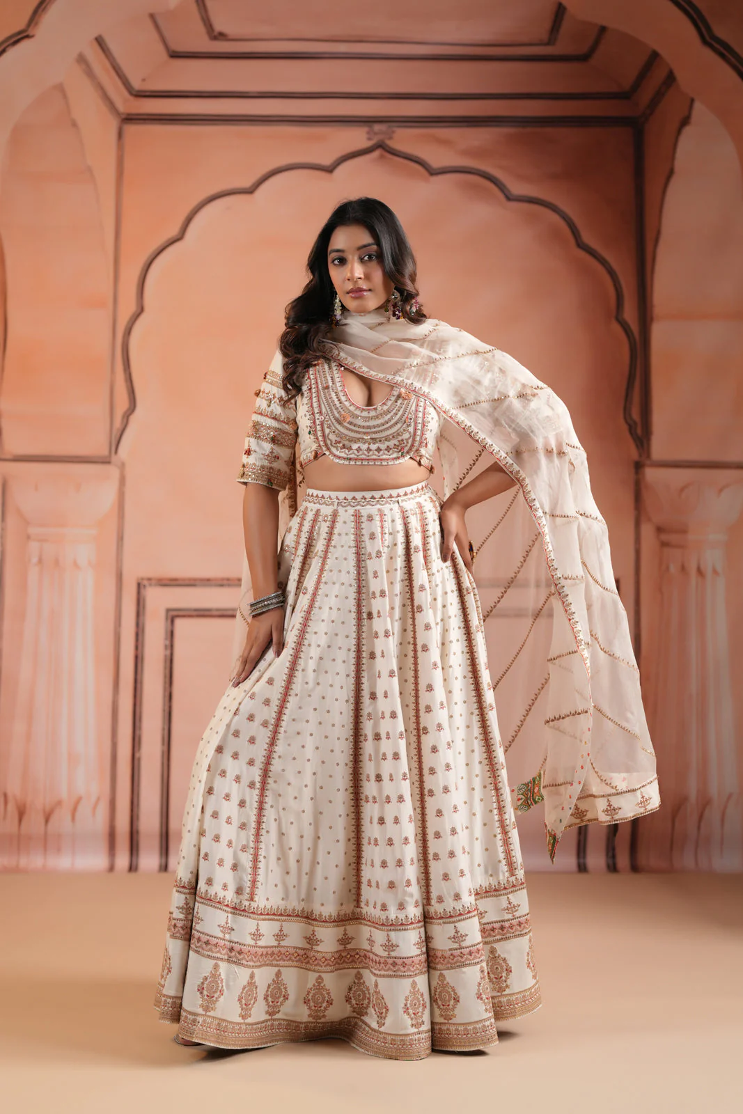 Off White Raw Silk Crop Top Lehenga Set With Allover Sequin Work And Embroidery - Image 9