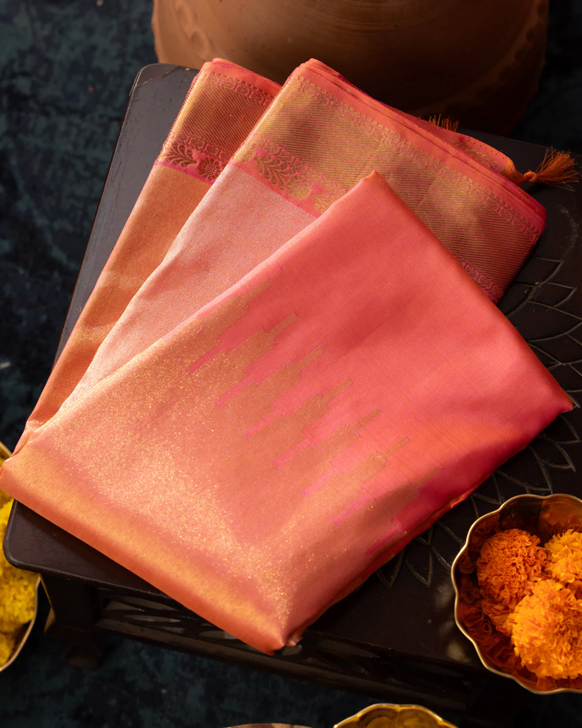 Dual Tone Pink Kanchipuram Silk Saree With Long Rich Temple Border - Image 10