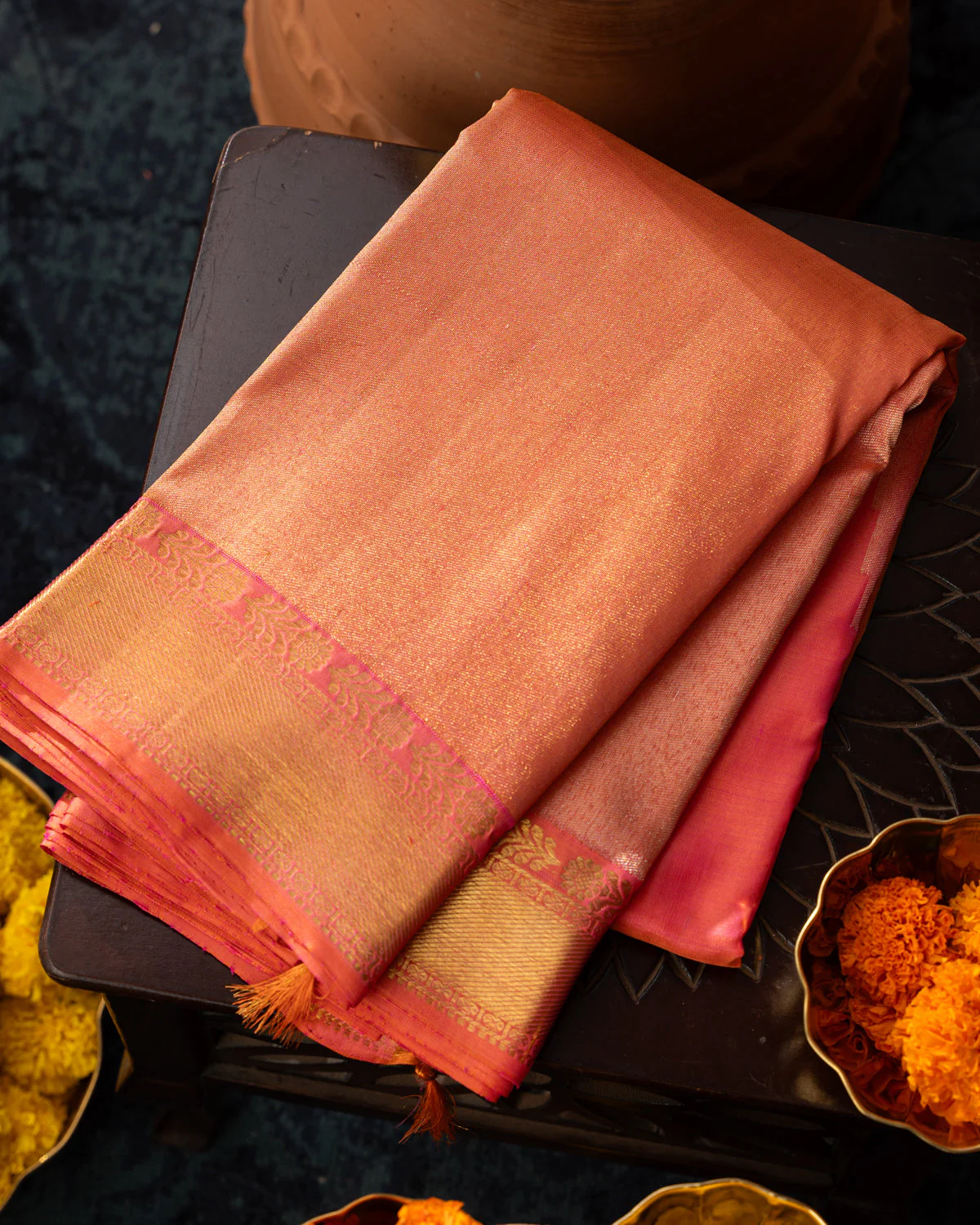 Dual Tone Pink Kanchipuram Silk Saree With Long Rich Temple Border - Image 9