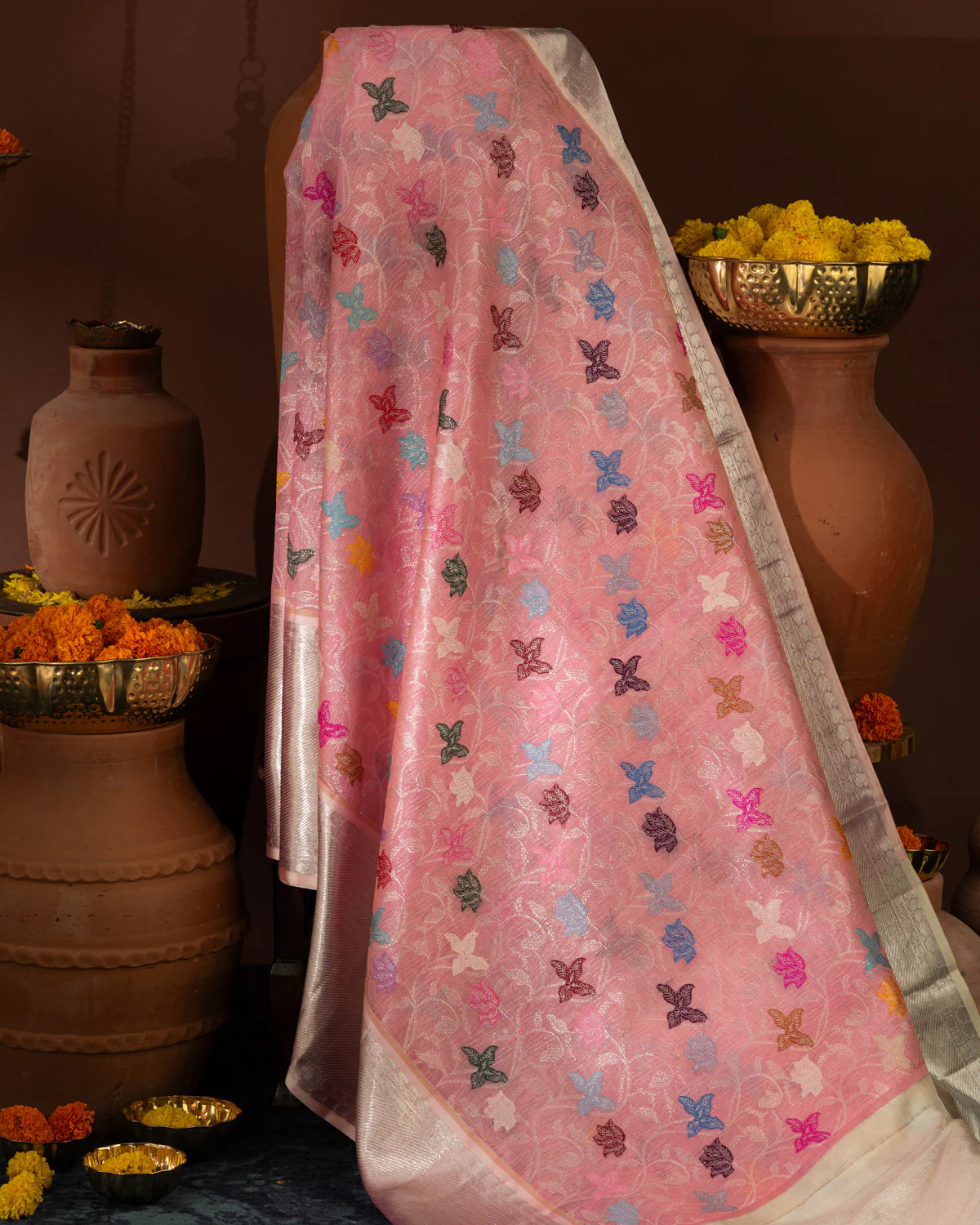 Pink Kanchipuram Kora Silk With Minakari Jaal Weaves - Image 3