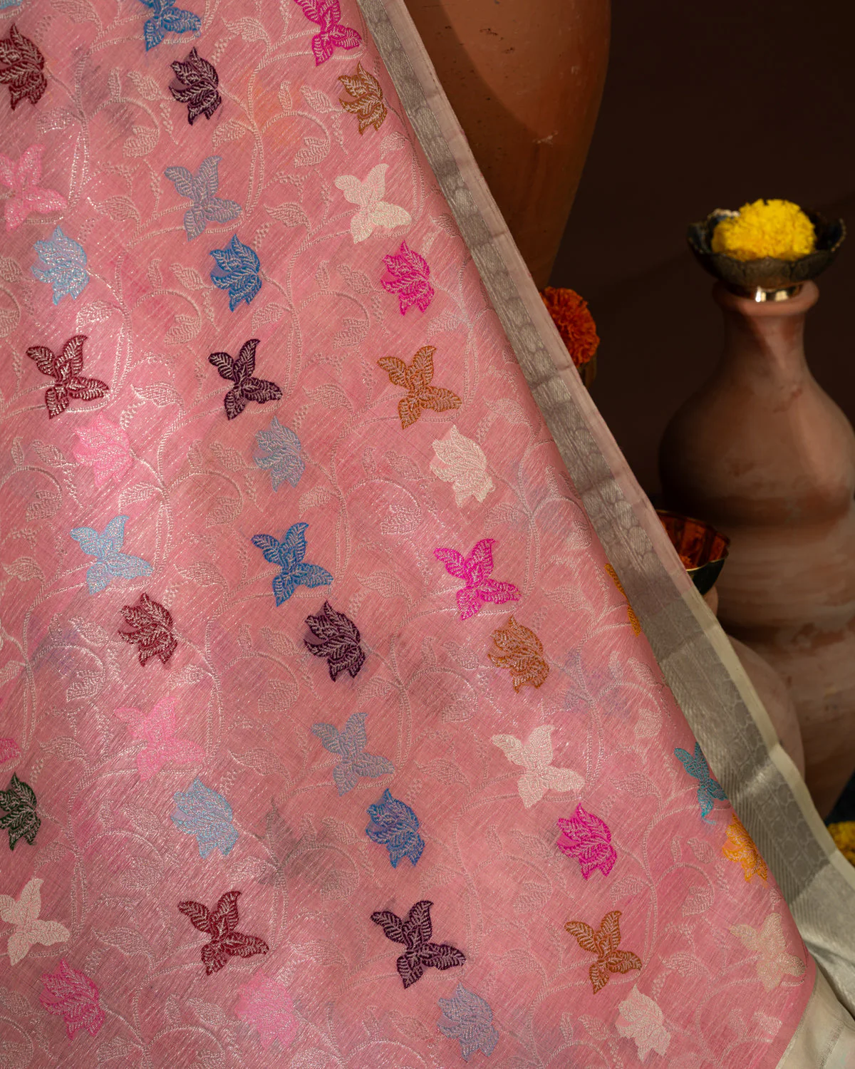 Pink Kanchipuram Kora Silk With Minakari Jaal Weaves - Image 5