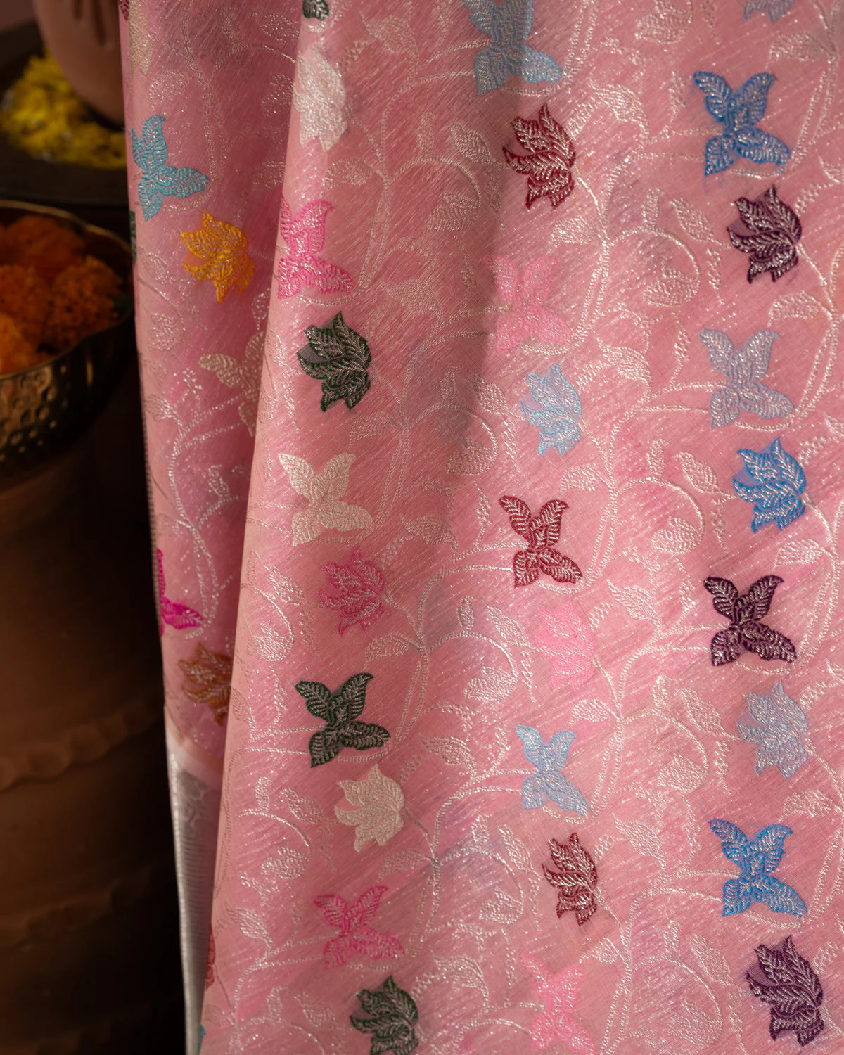 Pink Kanchipuram Kora Silk With Minakari Jaal Weaves - Image 6