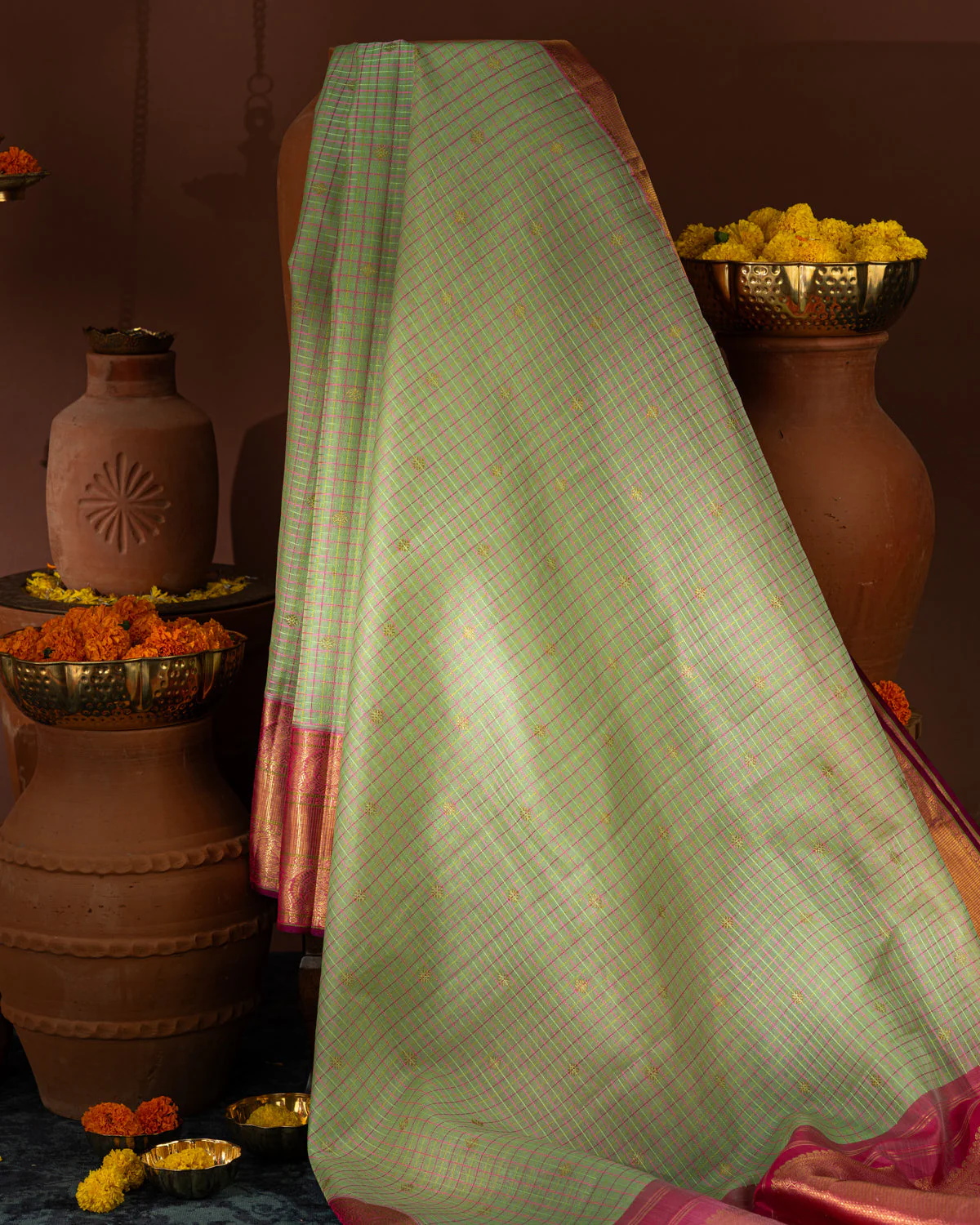 Pastel Green & Pink Kanchipuram Silk Saree With Checks & Buttas - Image 3