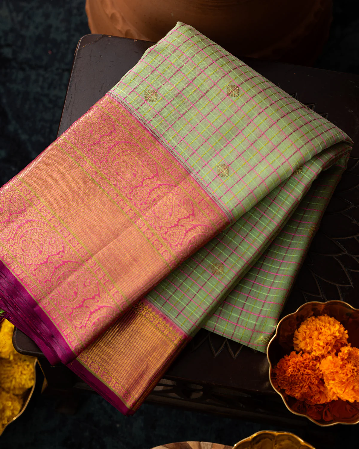 Pastel Green & Pink Kanchipuram Silk Saree With Checks & Buttas - Image 7