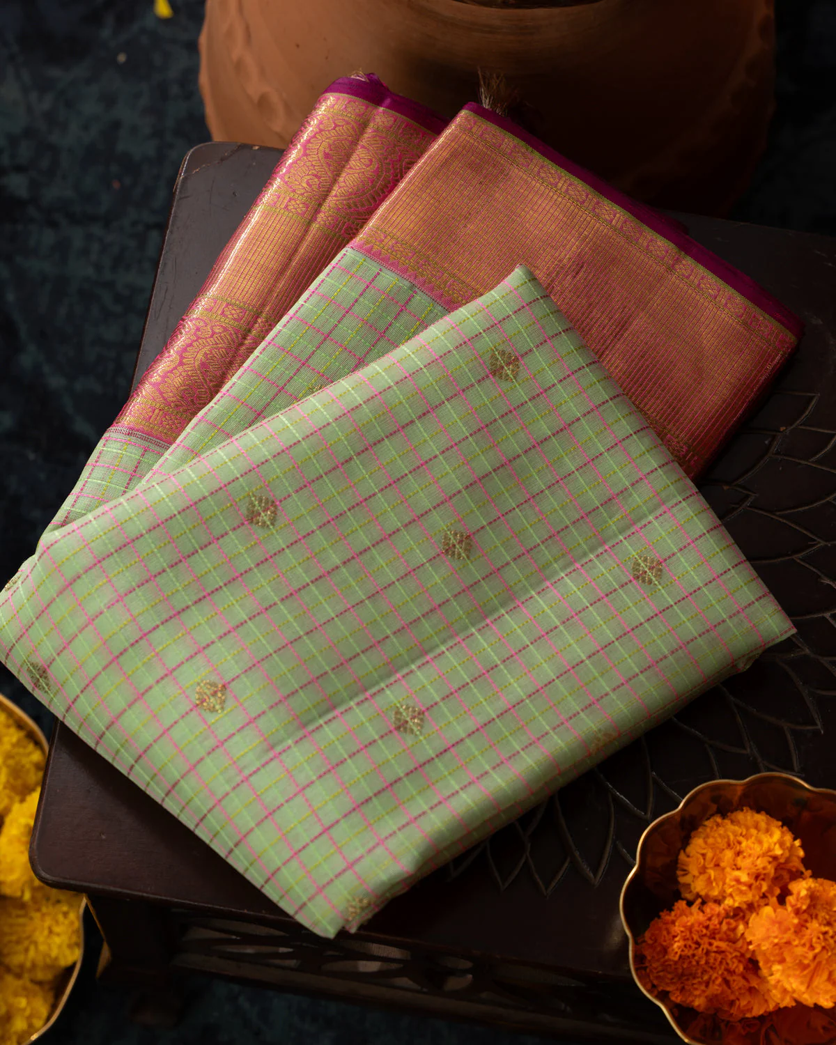 Pastel Green & Pink Kanchipuram Silk Saree With Checks & Buttas - Image 8