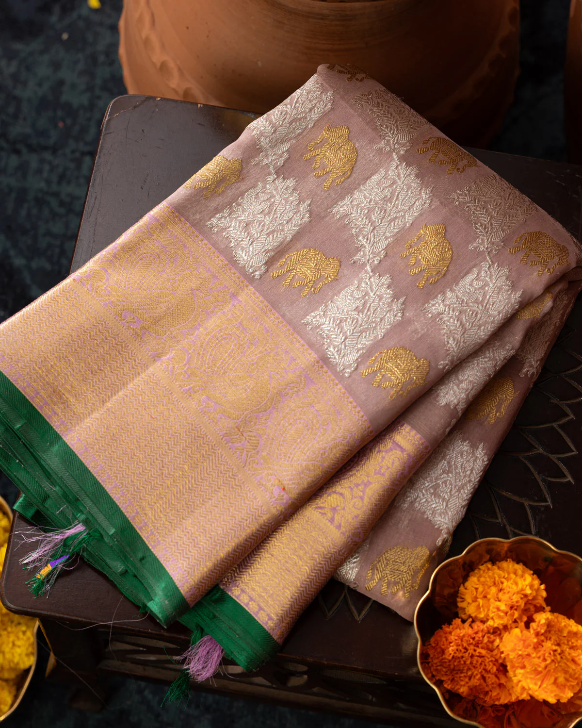 Pastel Pink Kanchipuram Silk Saree With Silver & Gold Zari Weaves - Image 11