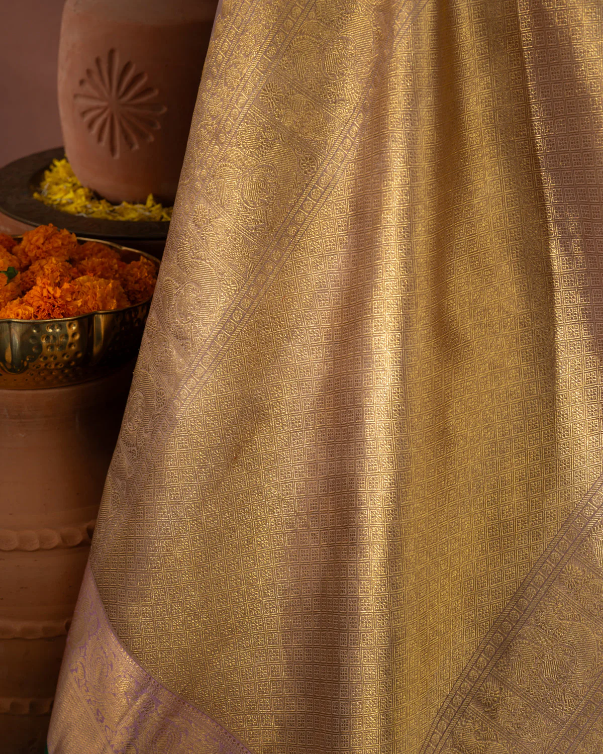 Pastel Pink Kanchipuram Silk Saree With Silver & Gold Zari Weaves - Image 2