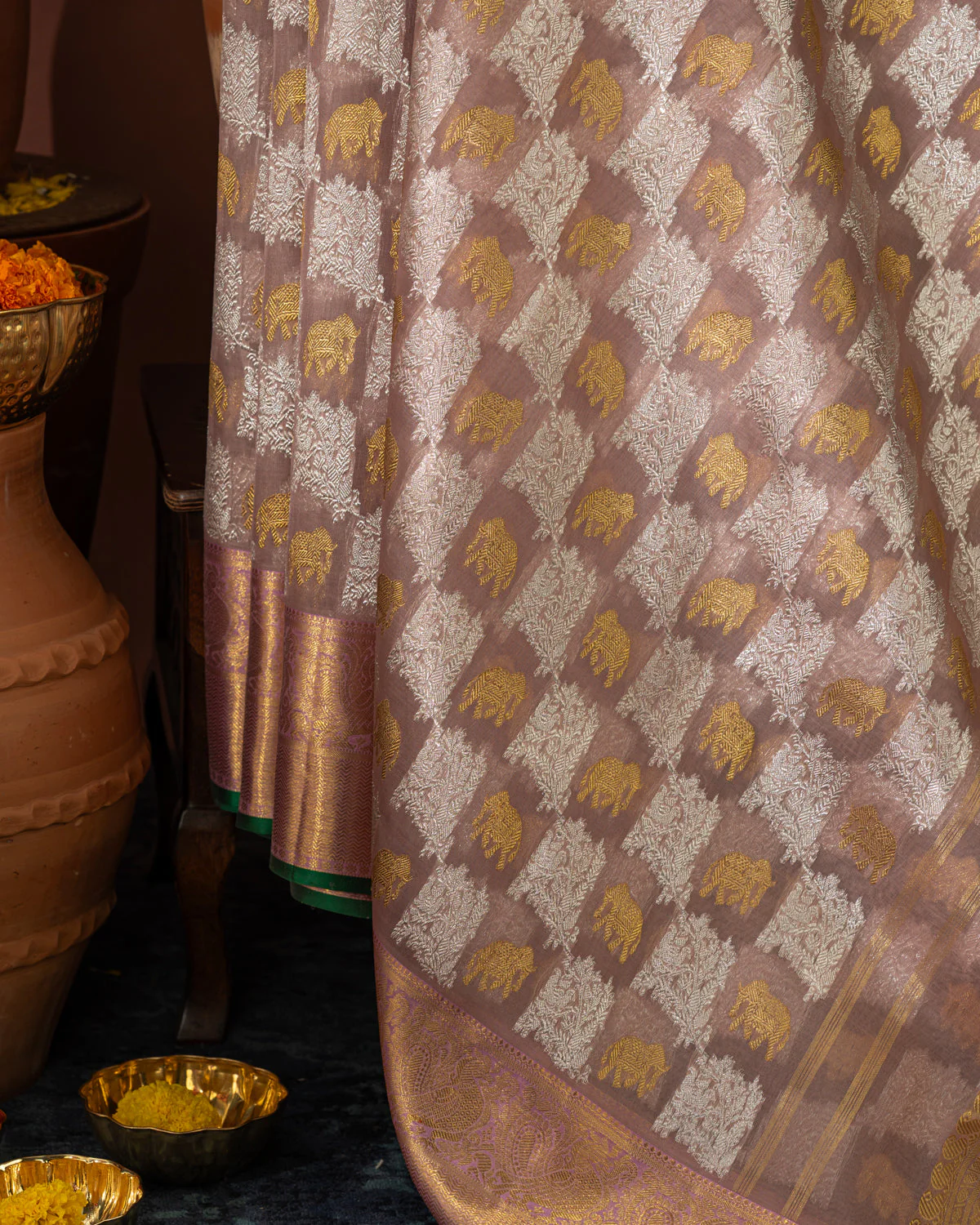 Pastel Pink Kanchipuram Silk Saree With Silver & Gold Zari Weaves - Image 6
