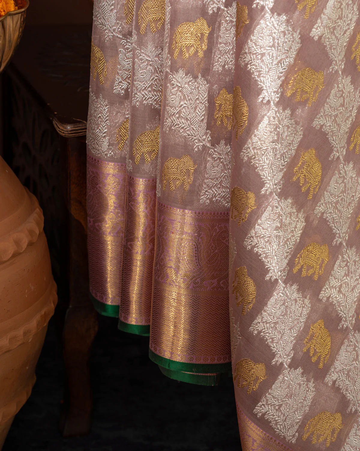 Pastel Pink Kanchipuram Silk Saree With Silver & Gold Zari Weaves - Image 7