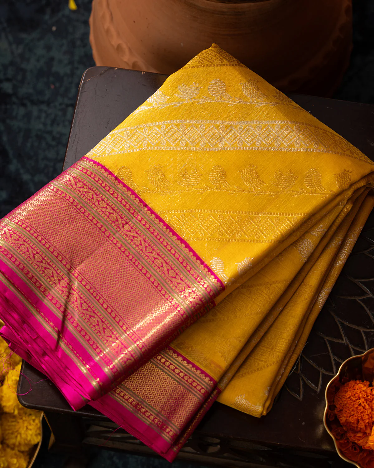 Yellow & Pink Kanchipuram Silk Saree With Silver & Gold Alternative Zari - Image 10