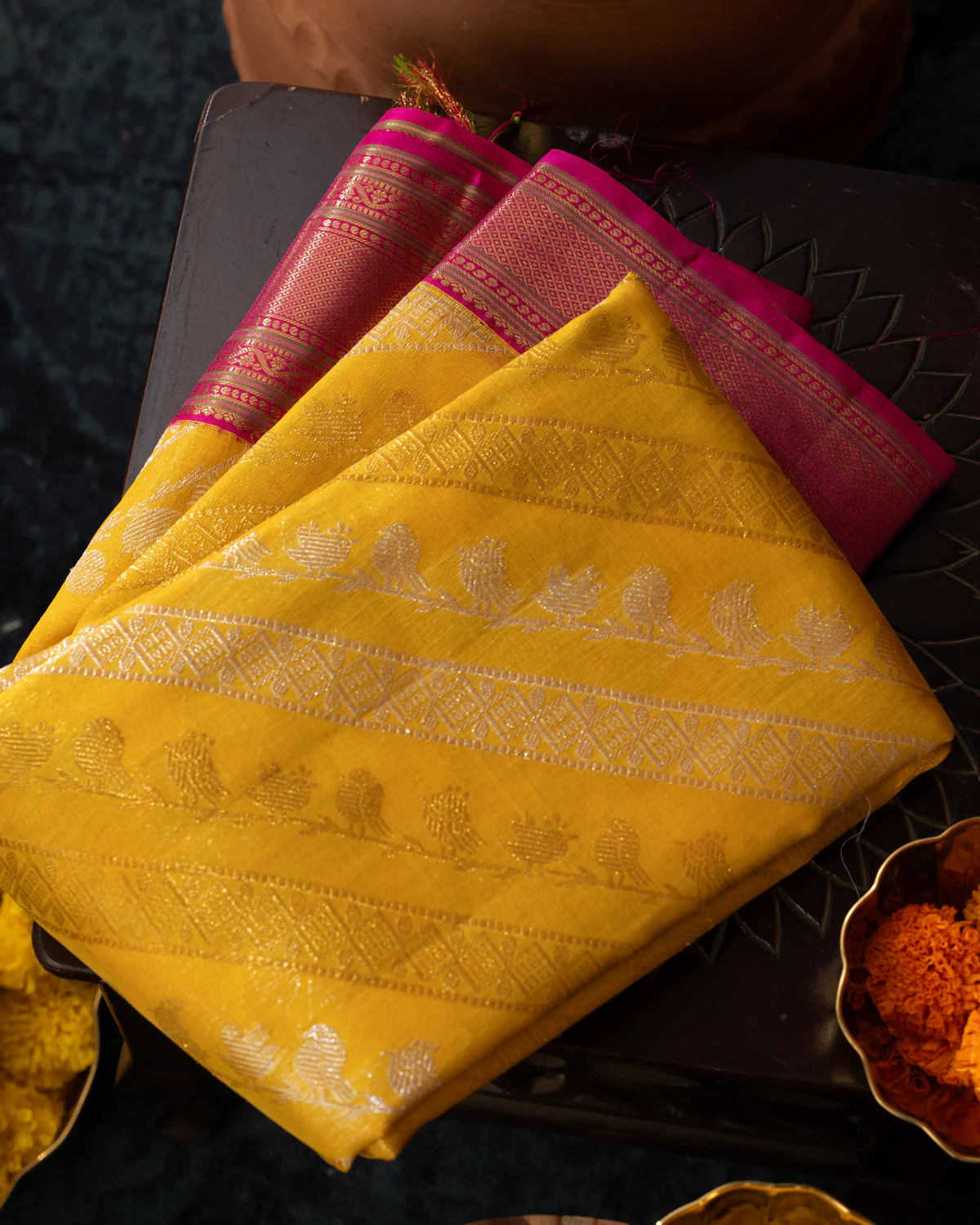 Yellow & Pink Kanchipuram Silk Saree With Silver & Gold Alternative Zari - Image 11