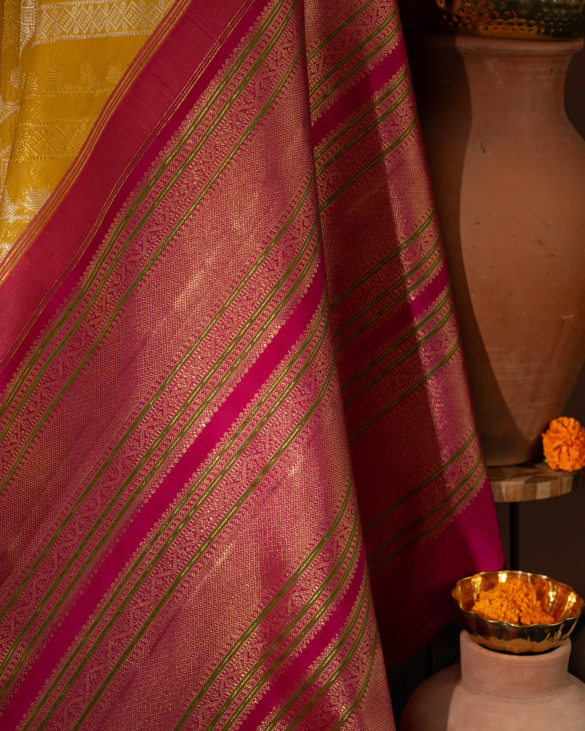 Yellow & Pink Kanchipuram Silk Saree With Silver & Gold Alternative Zari - Image 2