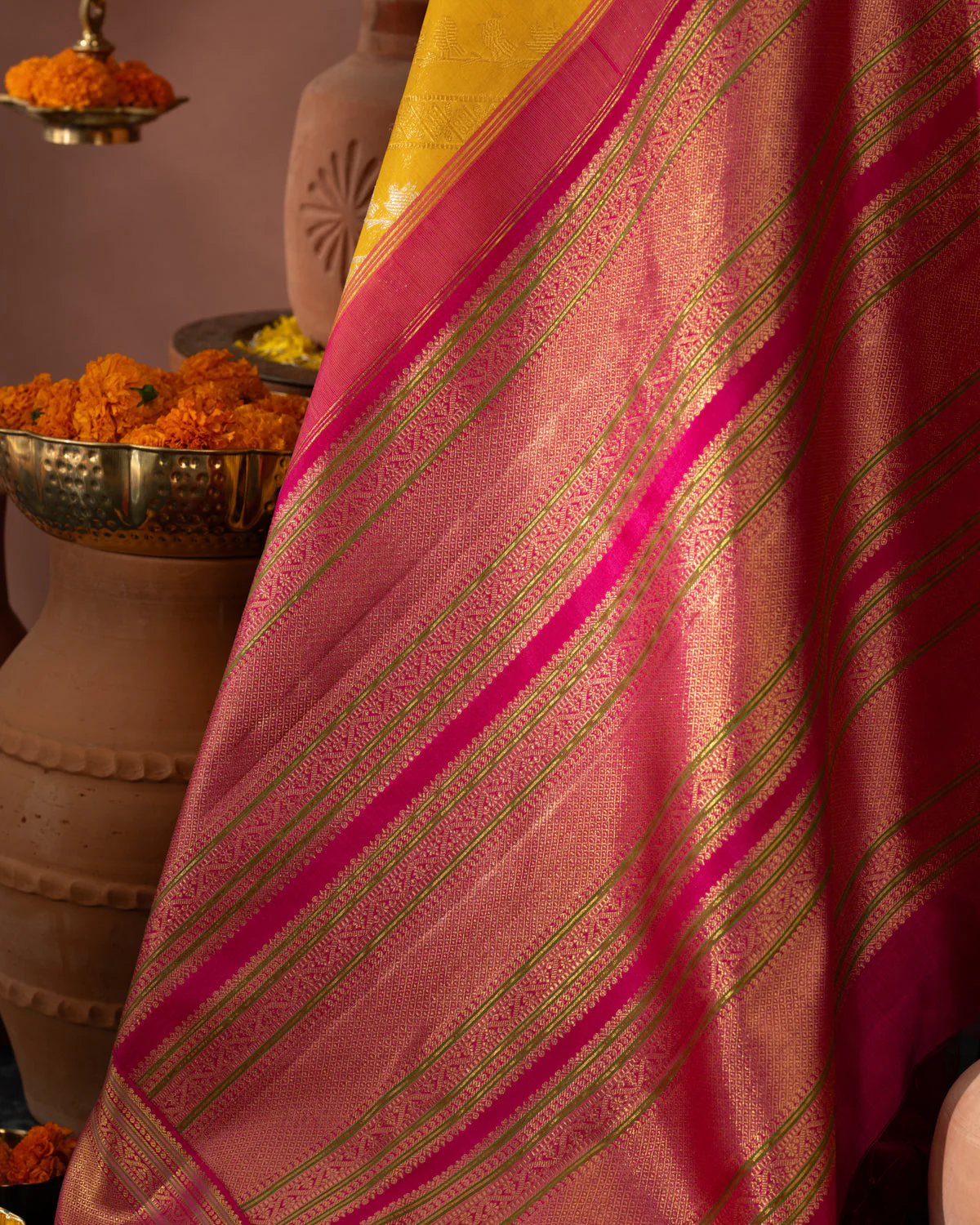 Yellow & Pink Kanchipuram Silk Saree With Silver & Gold Alternative Zari - Image 3