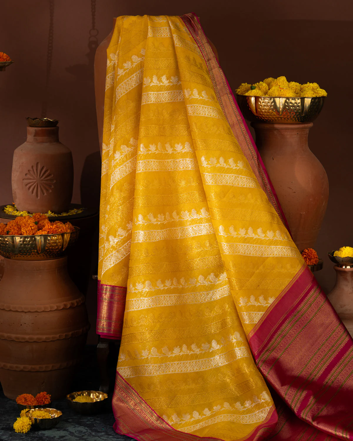 Yellow & Pink Kanchipuram Silk Saree With Silver & Gold Alternative Zari - Image 4