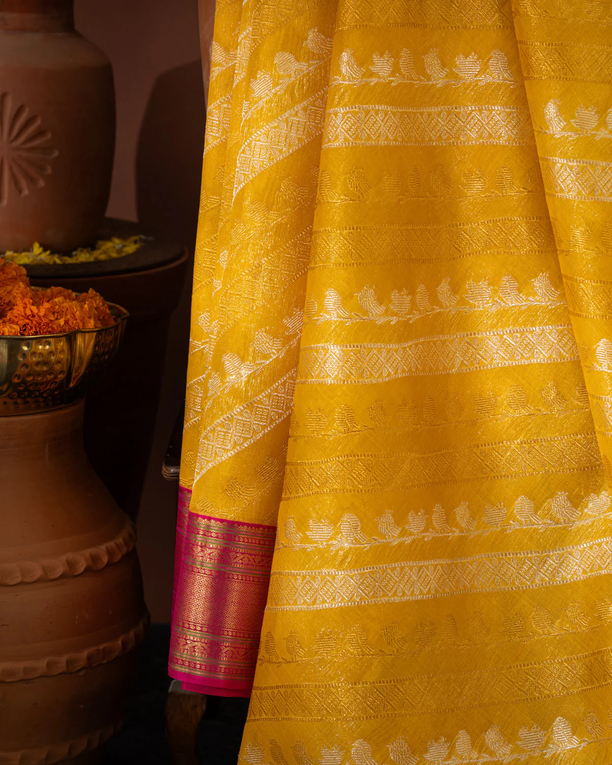 Yellow & Pink Kanchipuram Silk Saree With Silver & Gold Alternative Zari - Image 5