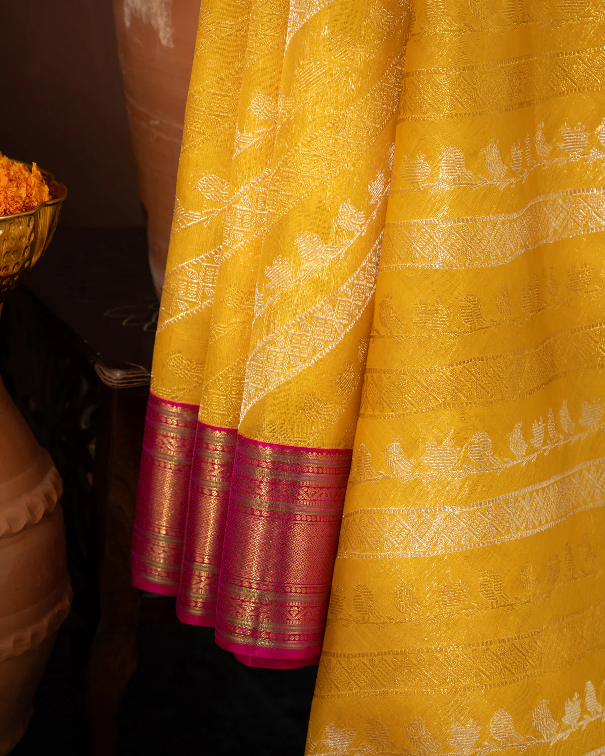 Yellow & Pink Kanchipuram Silk Saree With Silver & Gold Alternative Zari - Image 6