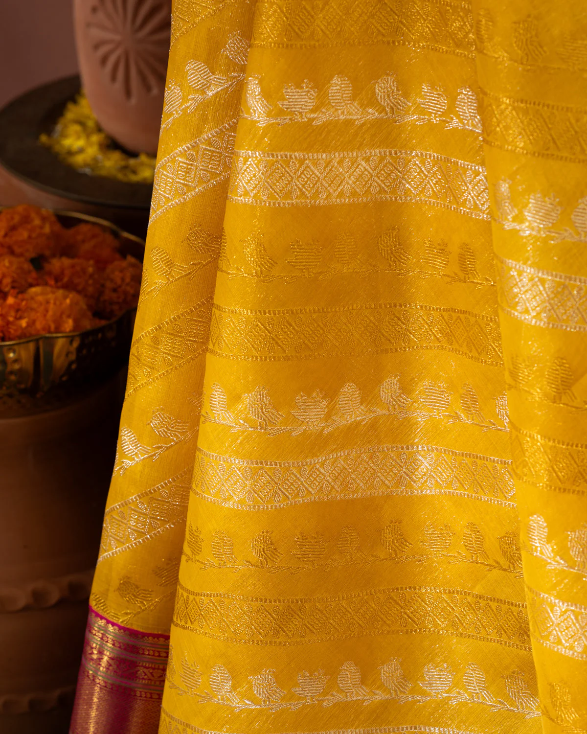 Yellow & Pink Kanchipuram Silk Saree With Silver & Gold Alternative Zari - Image 8
