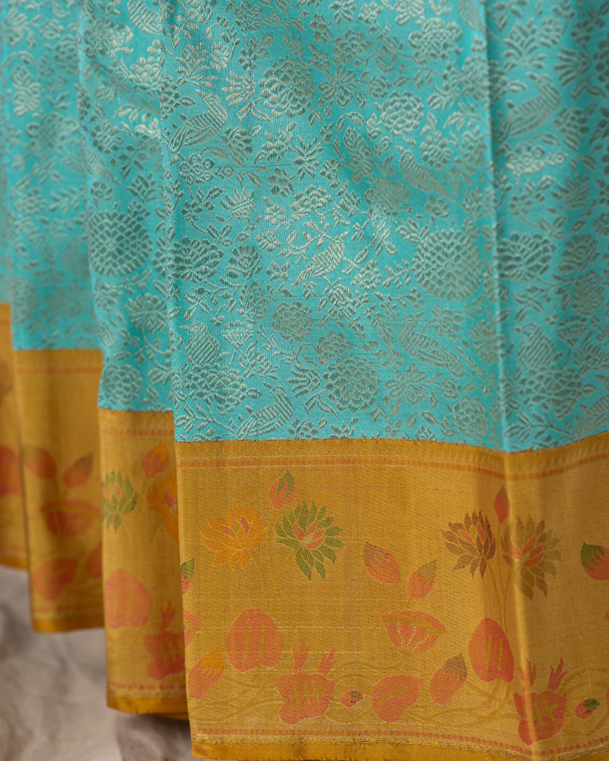 Light Blue Kanchipuram Silk Saree With Silver Brocade In Contrast Yellow Border - Image 10