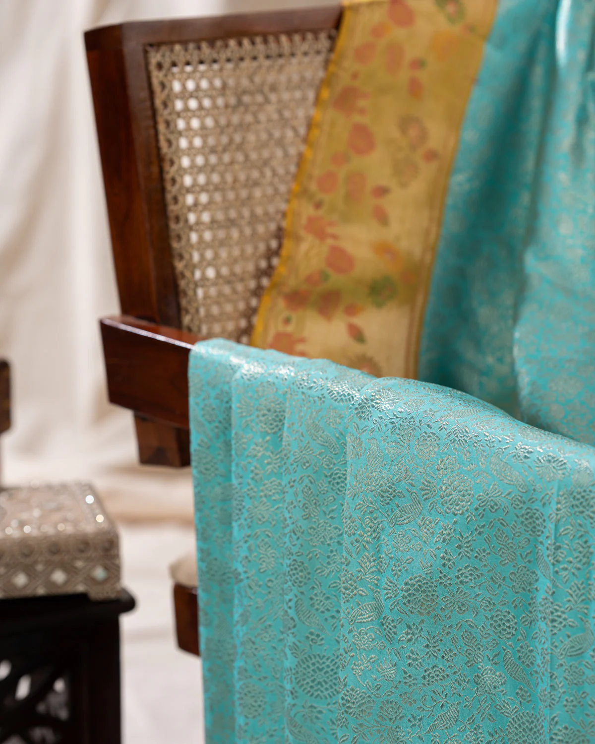 Light Blue Kanchipuram Silk Saree With Silver Brocade In Contrast Yellow Border - Image 11