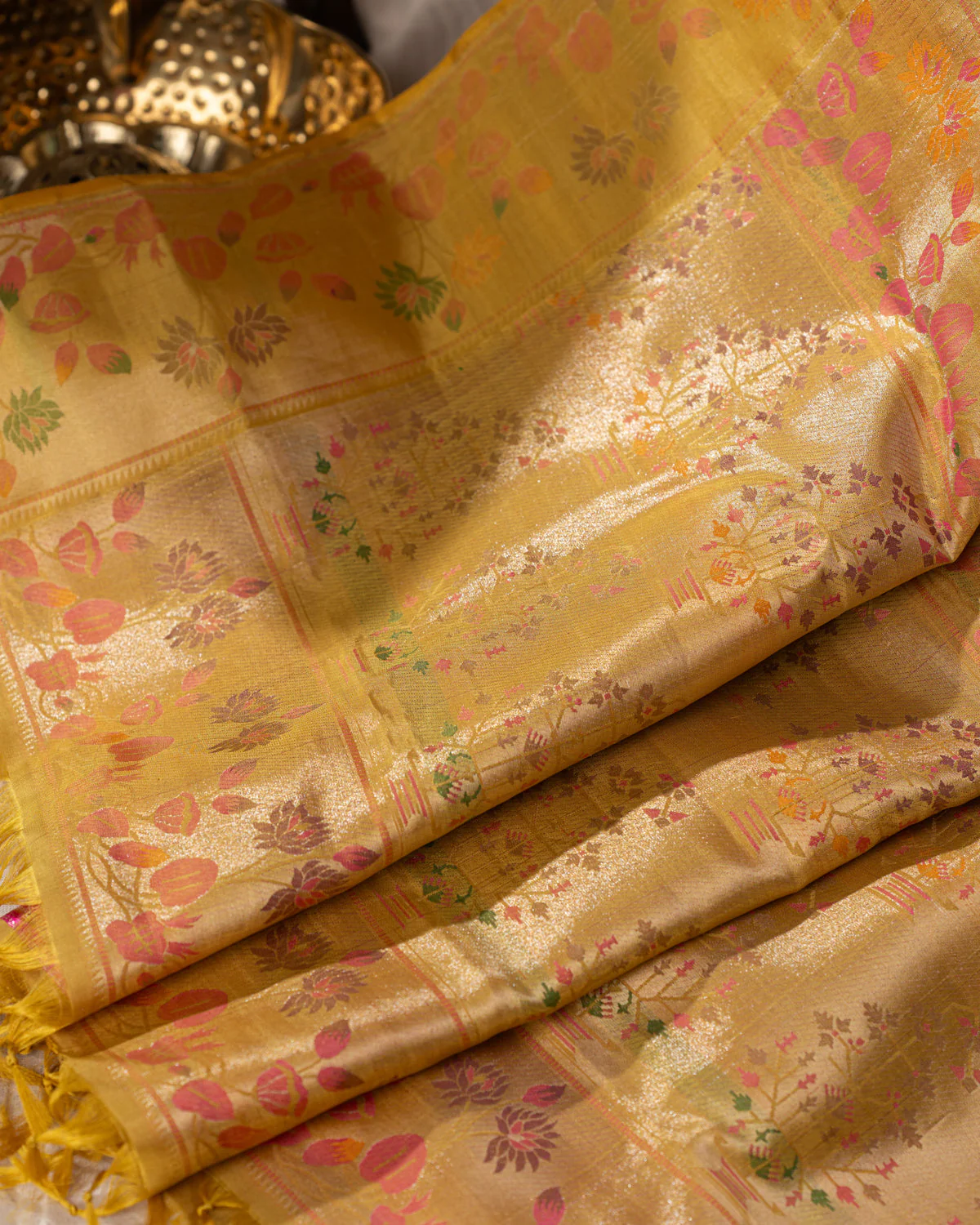 Light Blue Kanchipuram Silk Saree With Silver Brocade In Contrast Yellow Border - Image 3