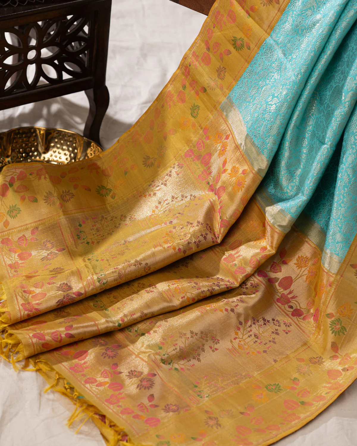Light Blue Kanchipuram Silk Saree With Silver Brocade In Contrast Yellow Border - Image 4
