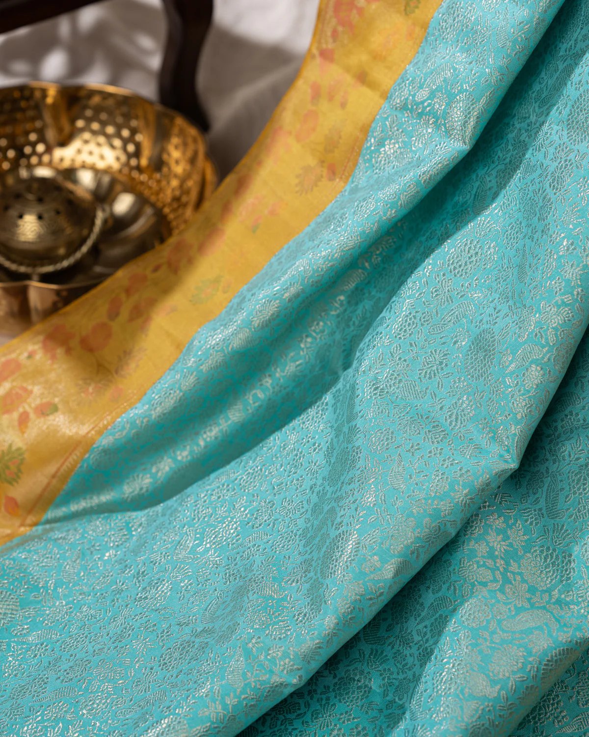 Light Blue Kanchipuram Silk Saree With Silver Brocade In Contrast Yellow Border - Image 6
