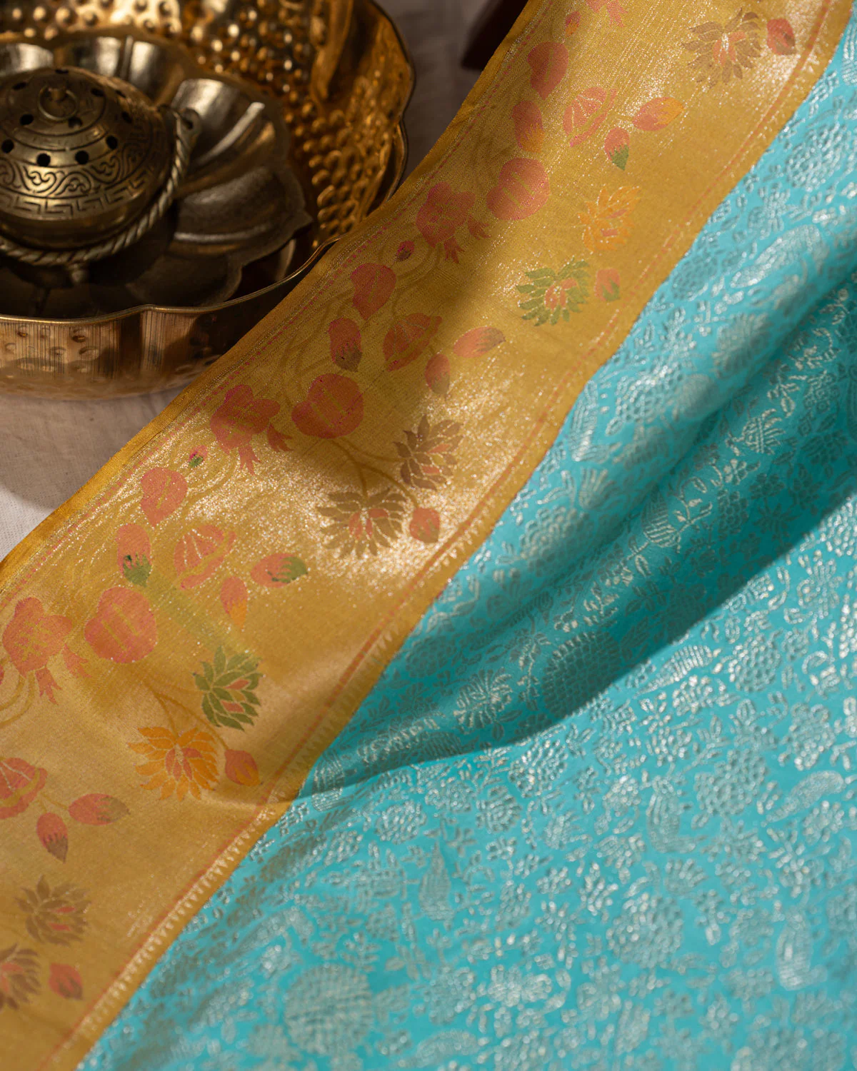 Light Blue Kanchipuram Silk Saree With Silver Brocade In Contrast Yellow Border - Image 7