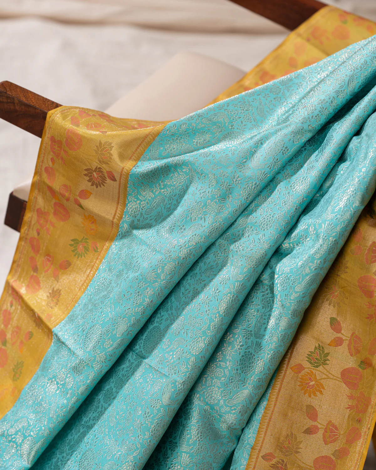 Light Blue Kanchipuram Silk Saree With Silver Brocade In Contrast Yellow Border - Image 8