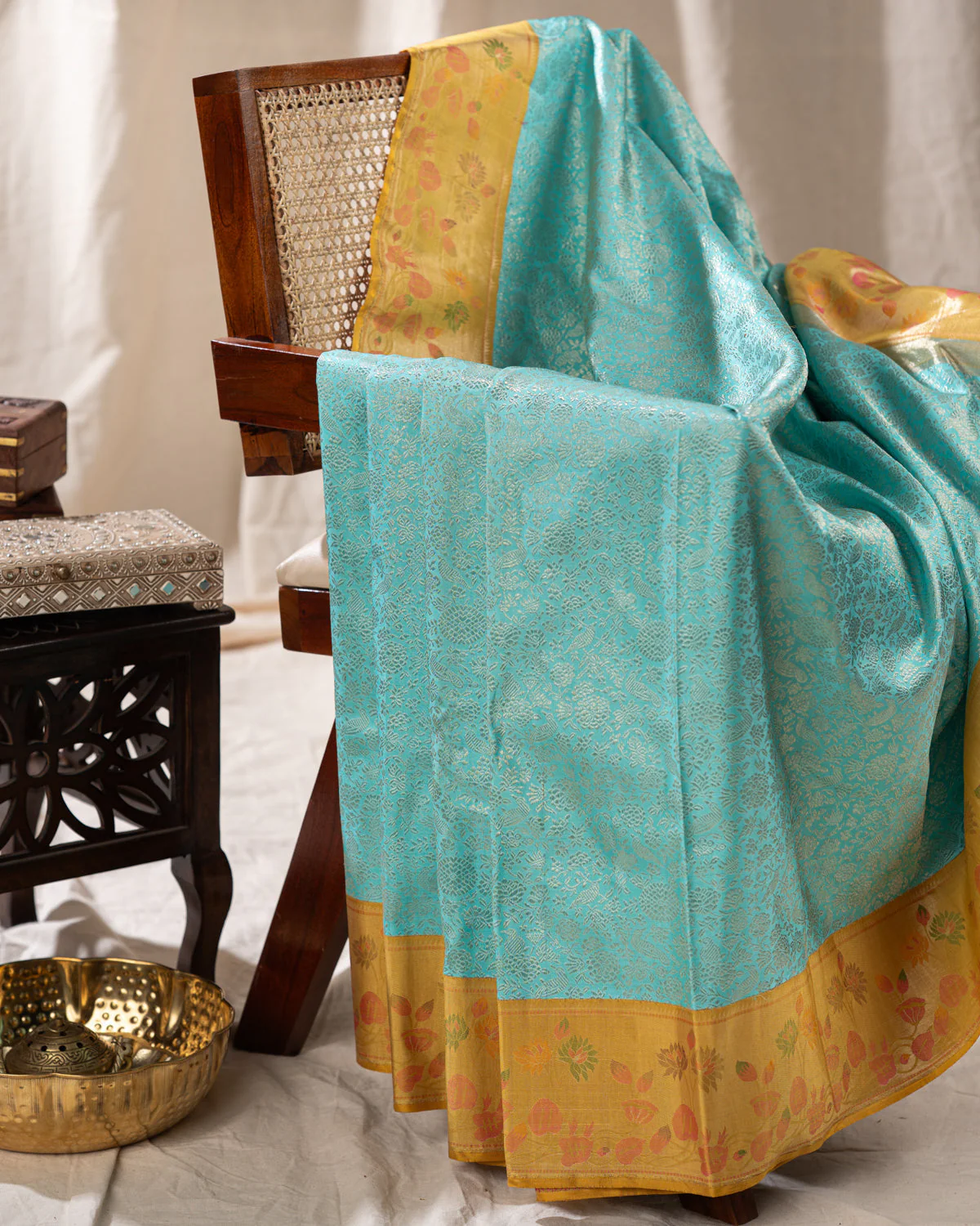 Light Blue Kanchipuram Silk Saree With Silver Brocade In Contrast Yellow Border - Image 9