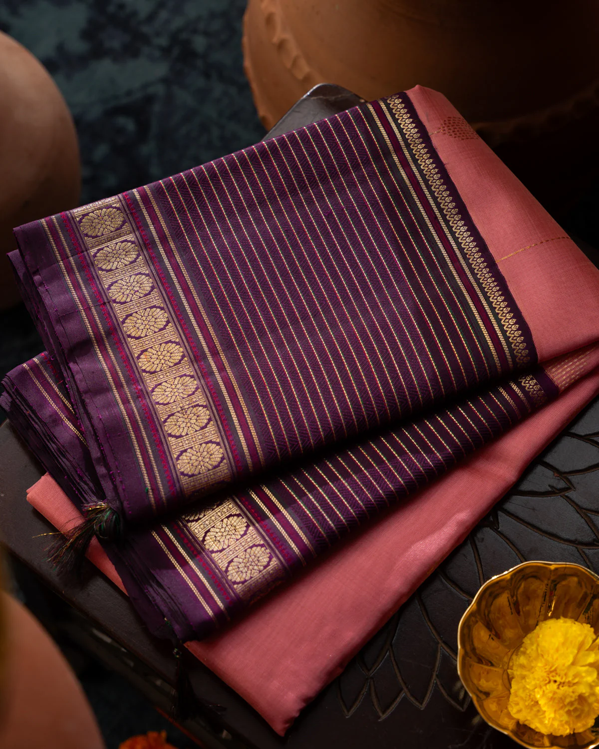 Peach Pink & Purple Kanchipuram Silk Saree With Zari Weaves In Contrast Pallu - Image 8