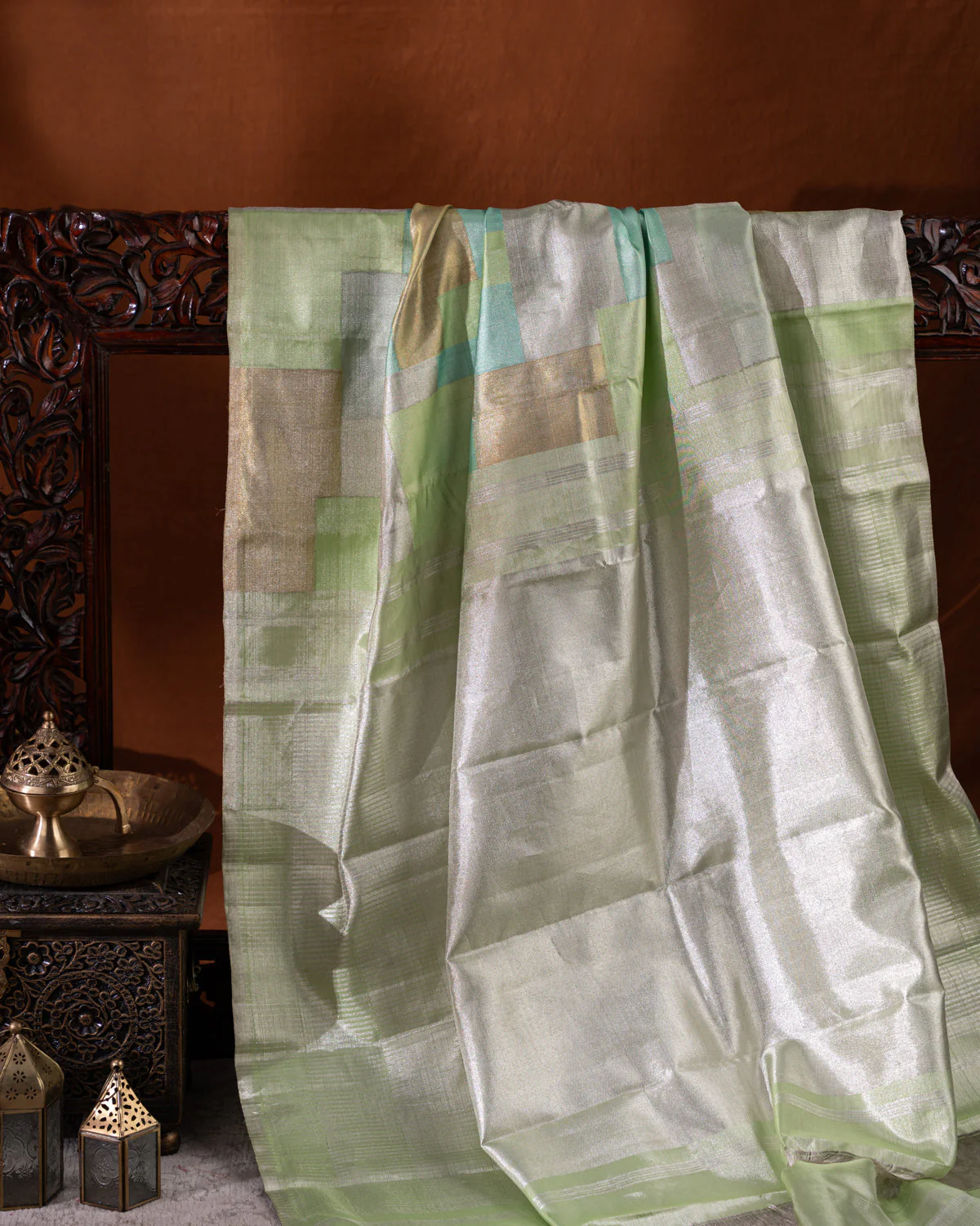 Pista Green Kanchipuram Silk Saree With Geometric Weaves - Image 3