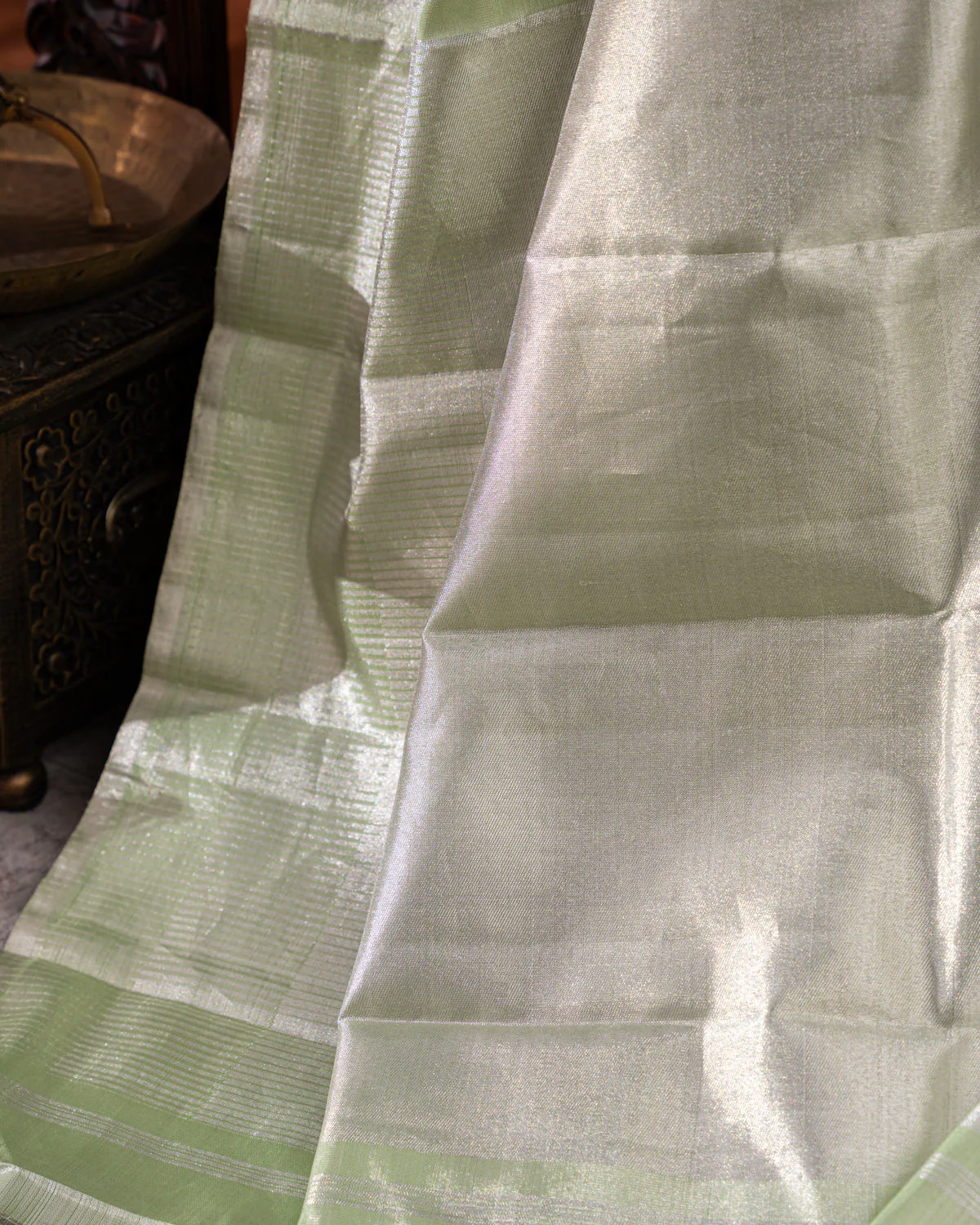Pista Green Kanchipuram Silk Saree With Geometric Weaves - Image 4