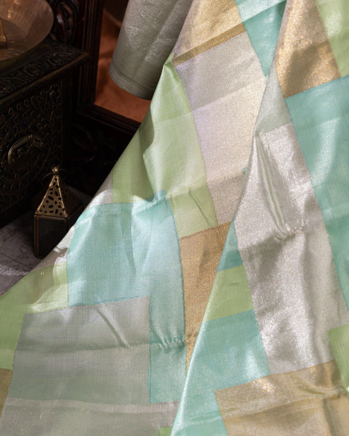 Pista Green Kanchipuram Silk Saree With Geometric Weaves - Image 6