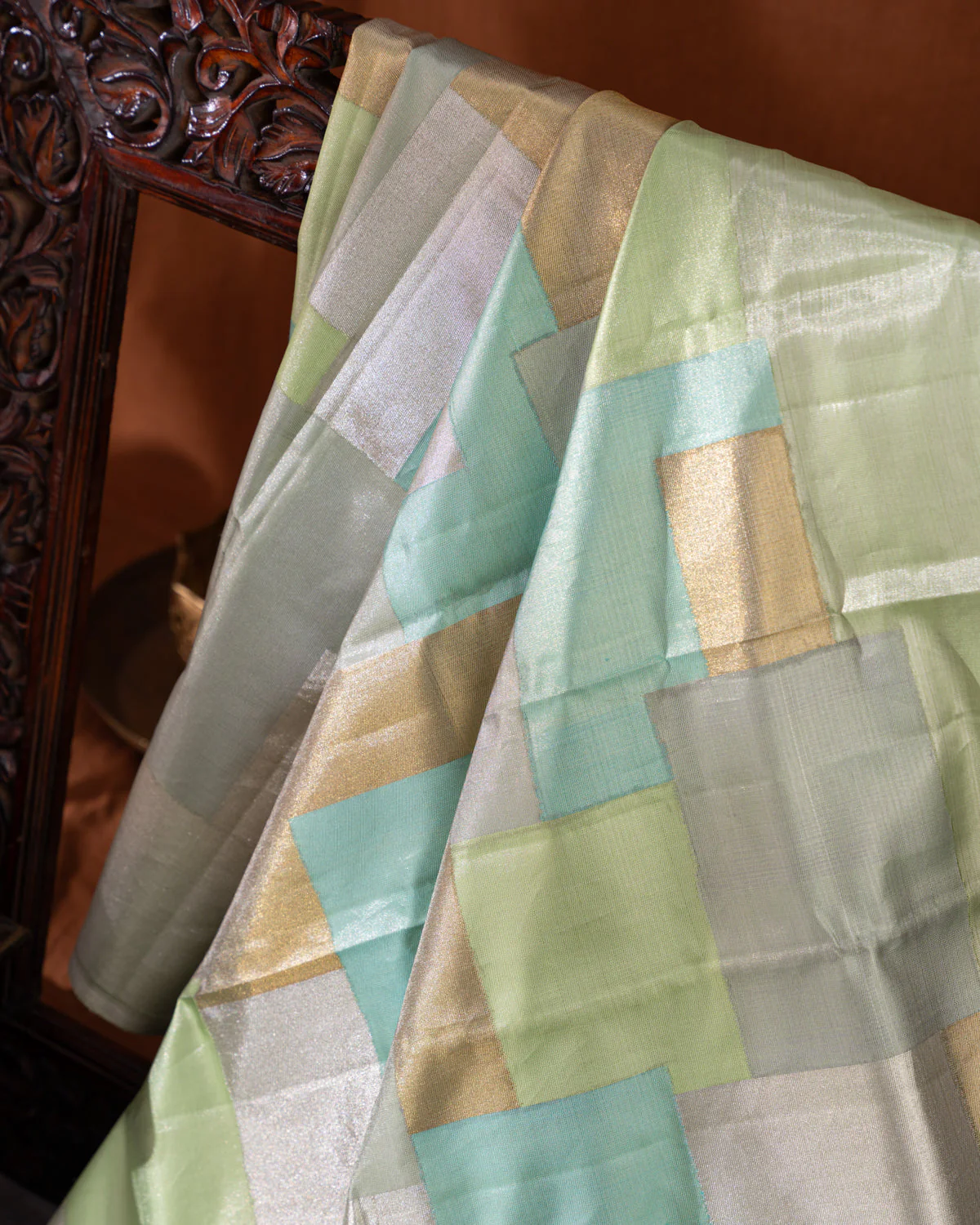 Pista Green Kanchipuram Silk Saree With Geometric Weaves - Image 7