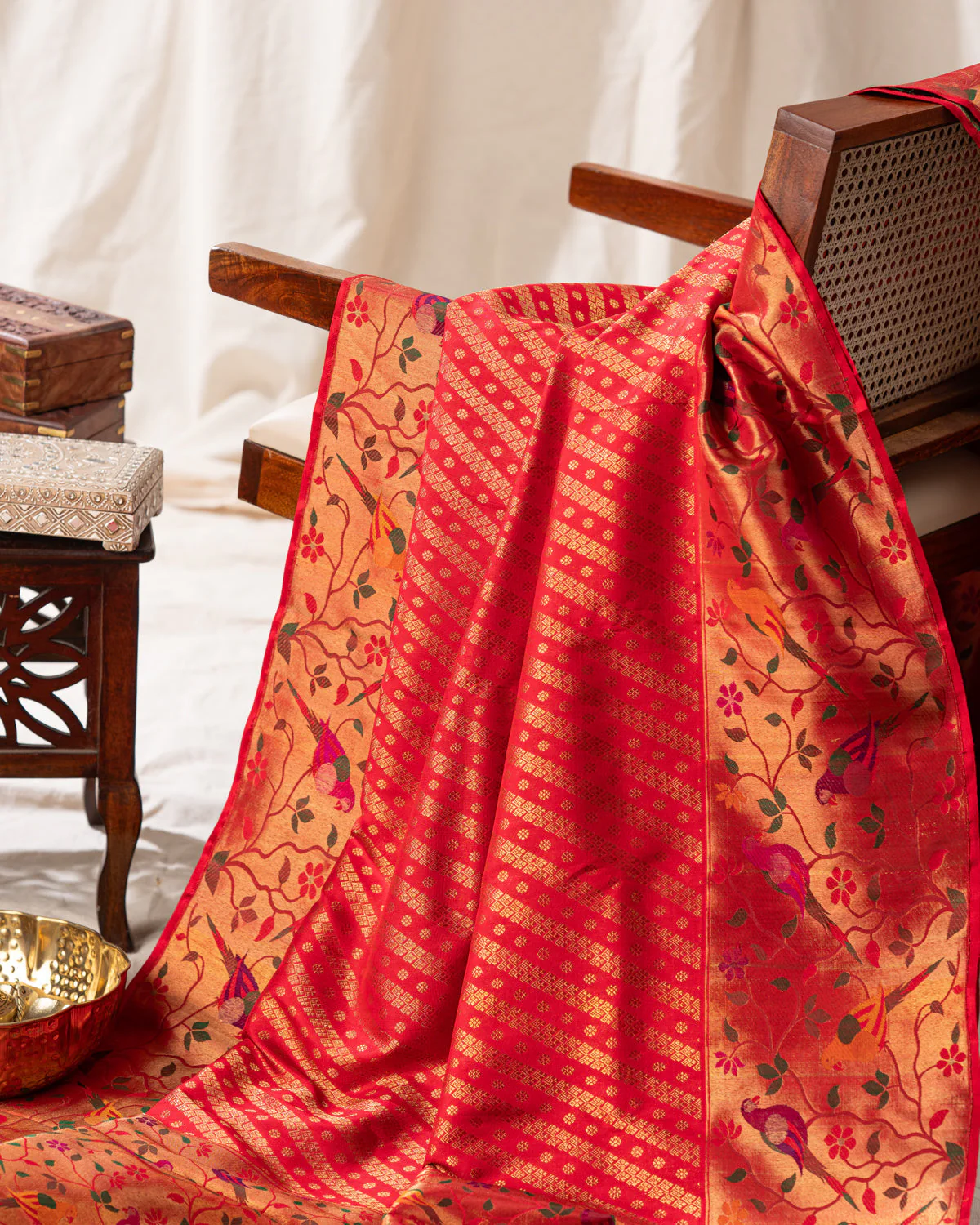Red Kanchipuram Silk Saree With Rich Paithani Pallu - Image 7
