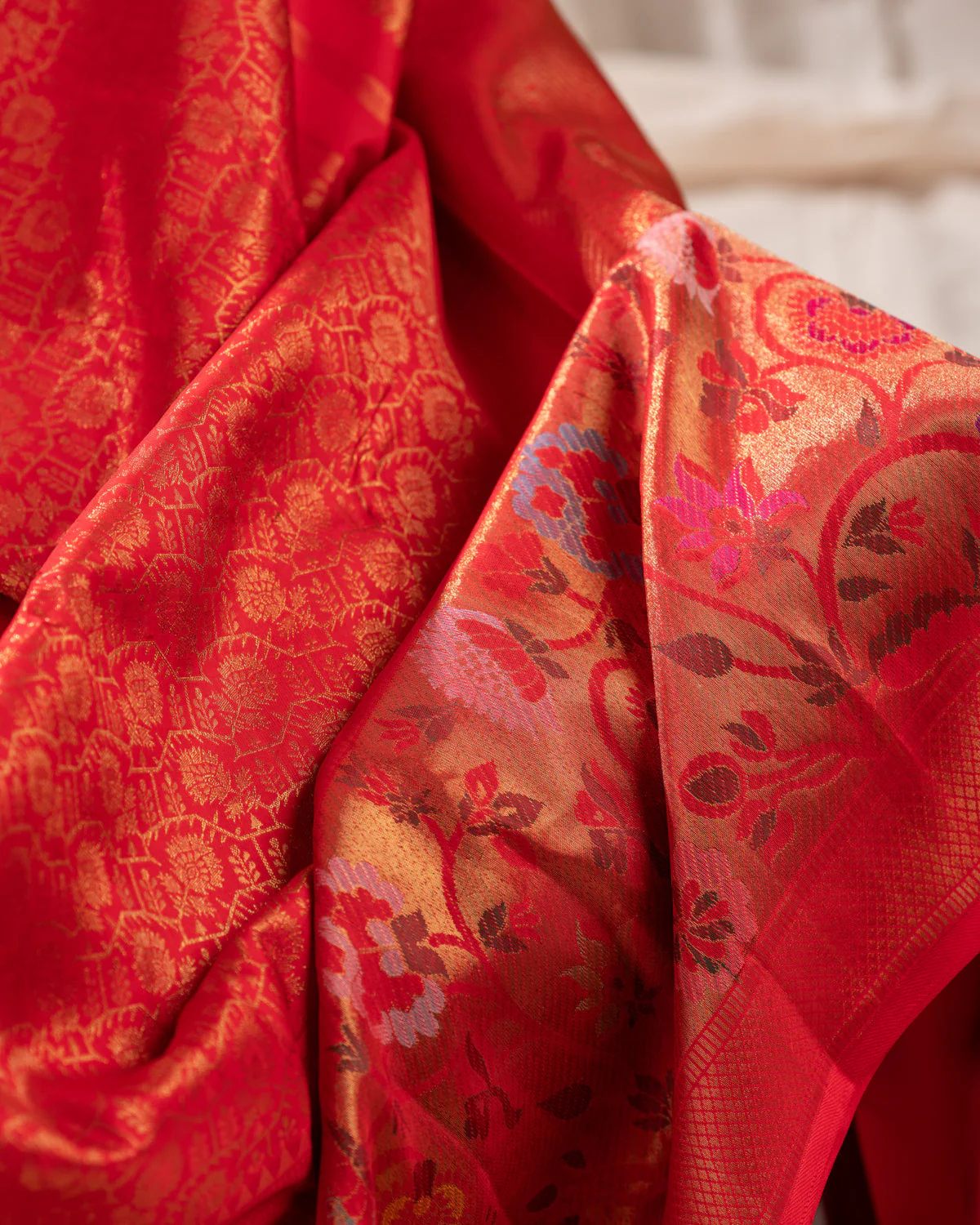 Red Kanchipuram Silk Saree With Zari Weaves & Rich Floral Border - Image 10