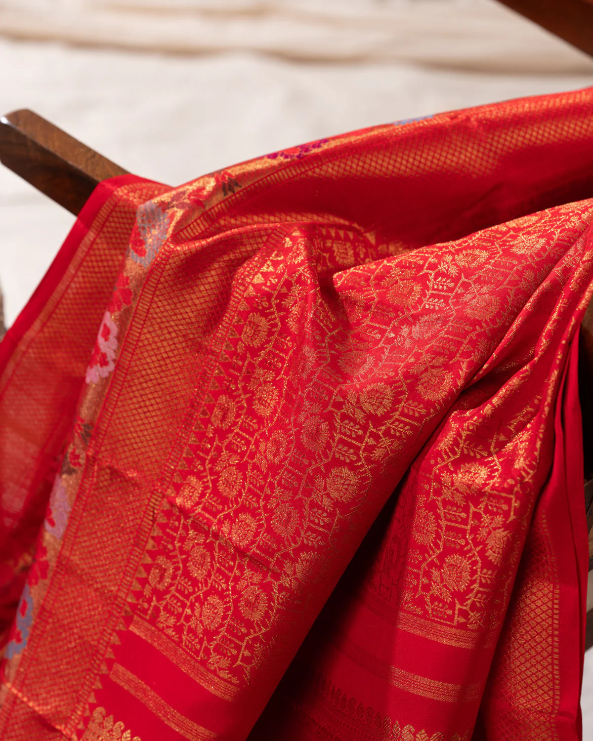 Red Kanchipuram Silk Saree With Zari Weaves & Rich Floral Border - Image 5