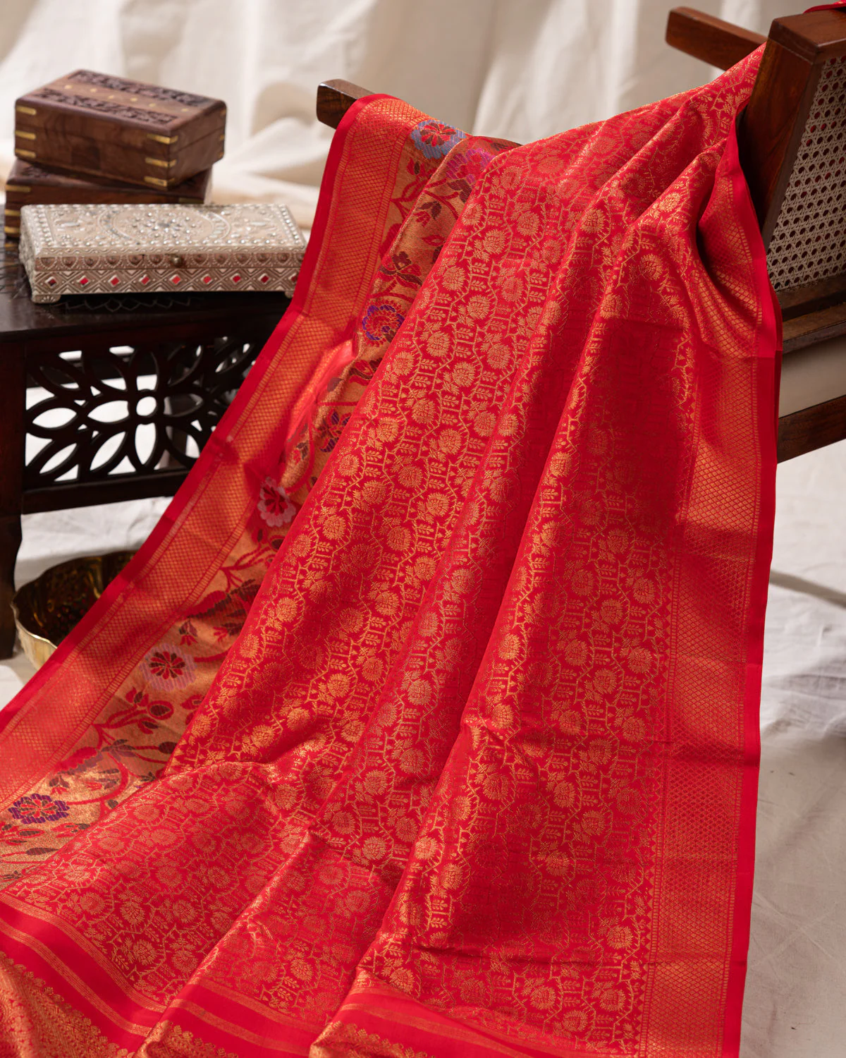 Red Kanchipuram Silk Saree With Zari Weaves & Rich Floral Border - Image 7