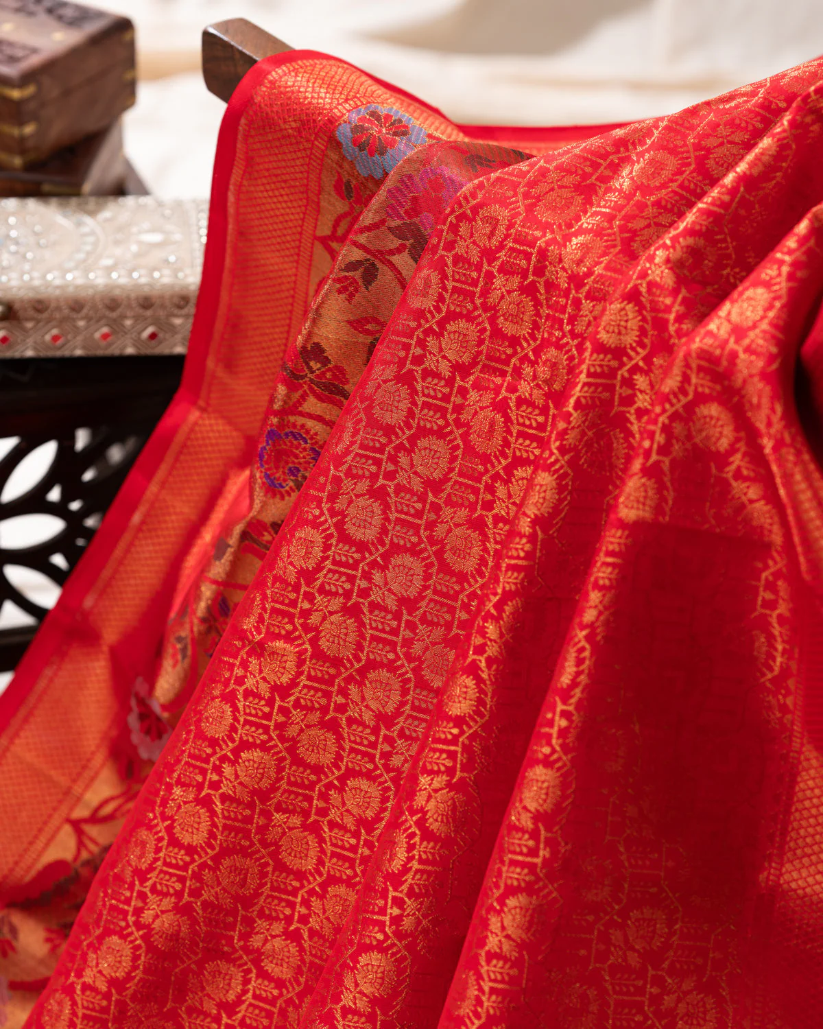 Red Kanchipuram Silk Saree With Zari Weaves & Rich Floral Border - Image 8