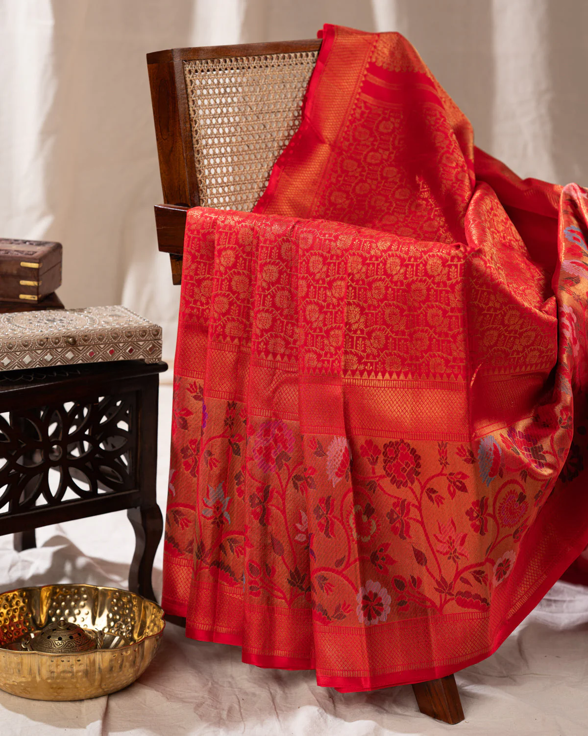 Red Kanchipuram Silk Saree With Zari Weaves & Rich Floral Border - Image 9