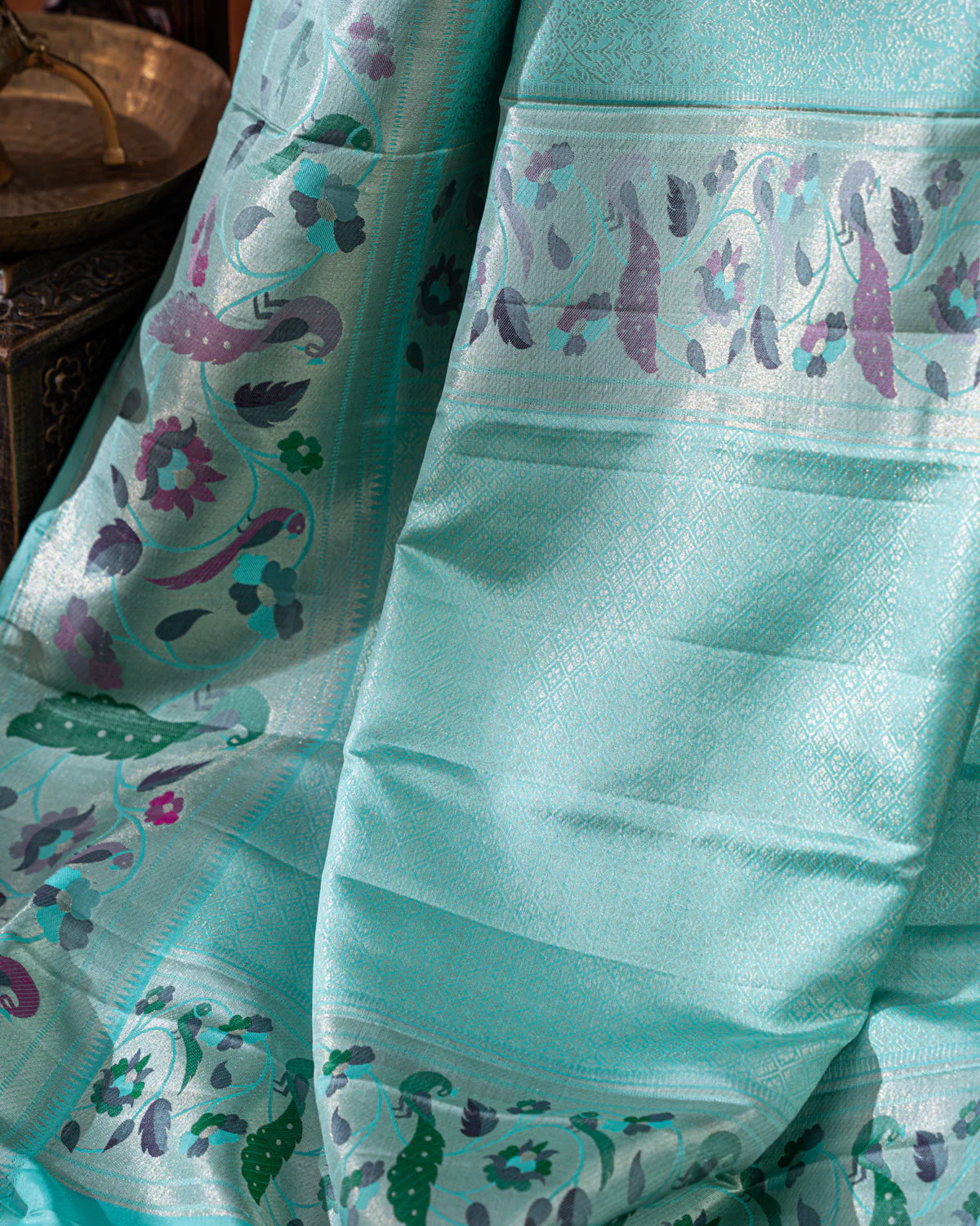 Teal Blue & Mustard Yellow Kanchipuram Silk Saree With Silver Zari Weaves - Image 3