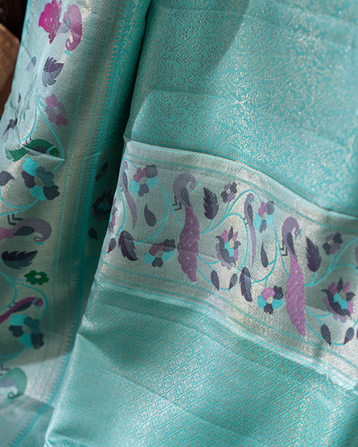 Teal Blue & Mustard Yellow Kanchipuram Silk Saree With Silver Zari Weaves - Image 4