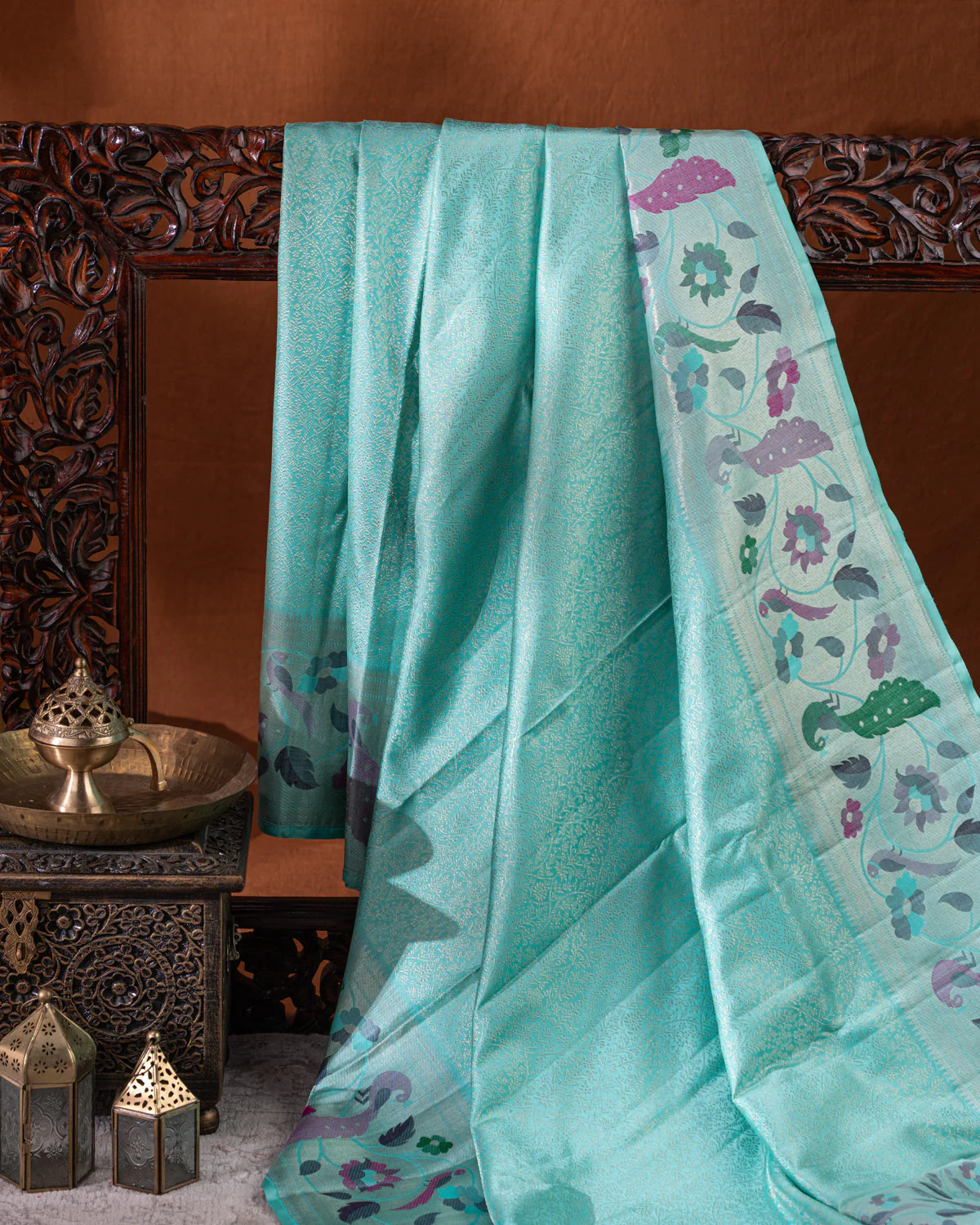 Teal Blue & Mustard Yellow Kanchipuram Silk Saree With Silver Zari Weaves - Image 6