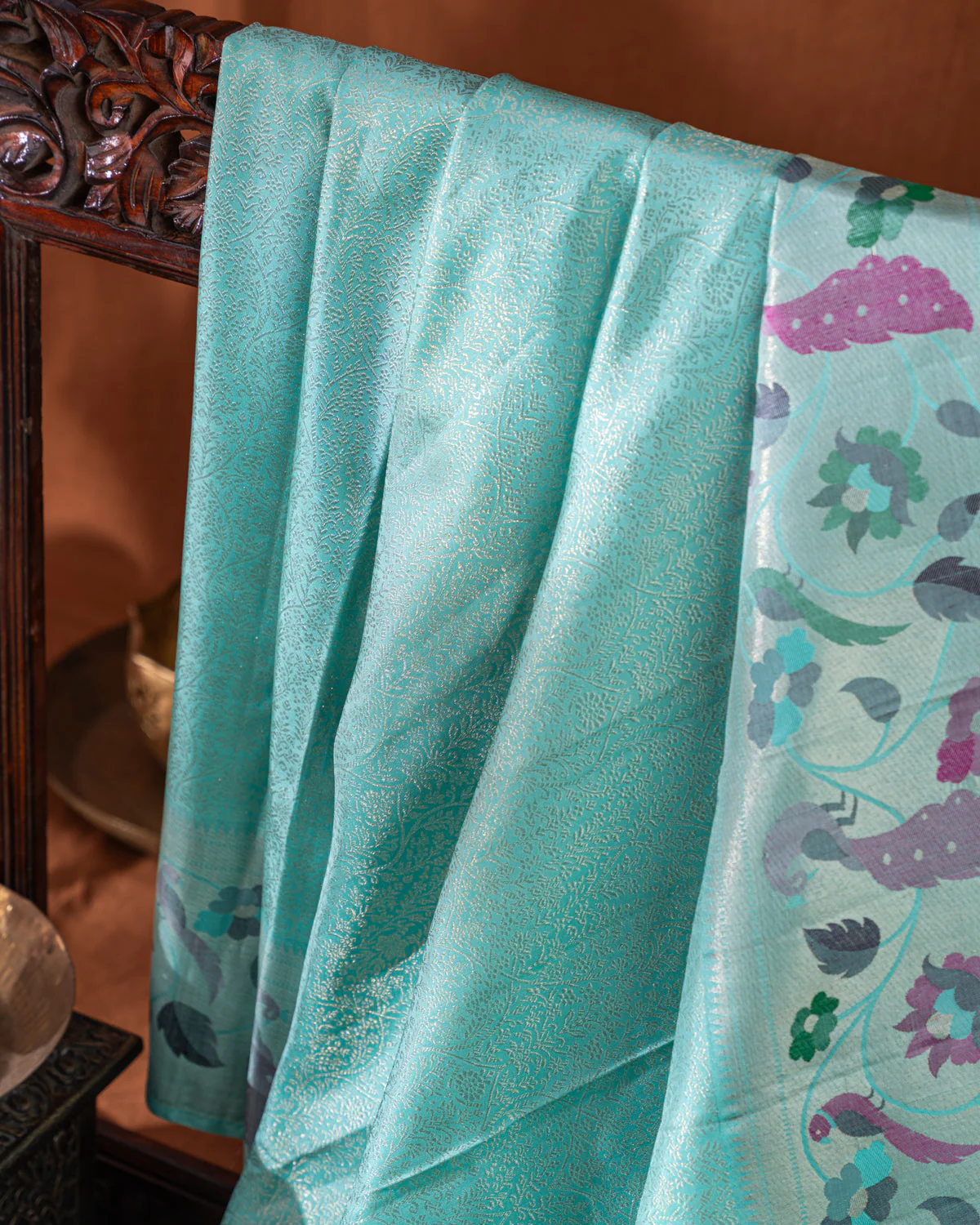 Teal Blue & Mustard Yellow Kanchipuram Silk Saree With Silver Zari Weaves - Image 7