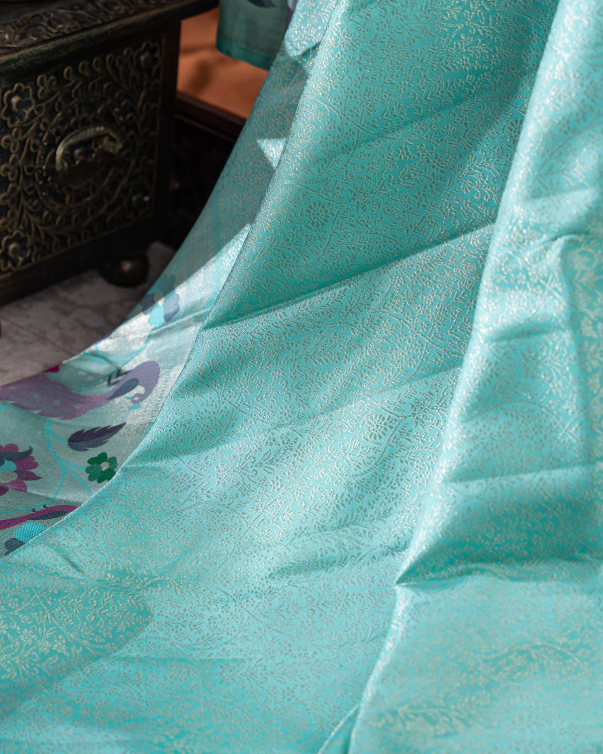 Teal Blue & Mustard Yellow Kanchipuram Silk Saree With Silver Zari Weaves - Image 8