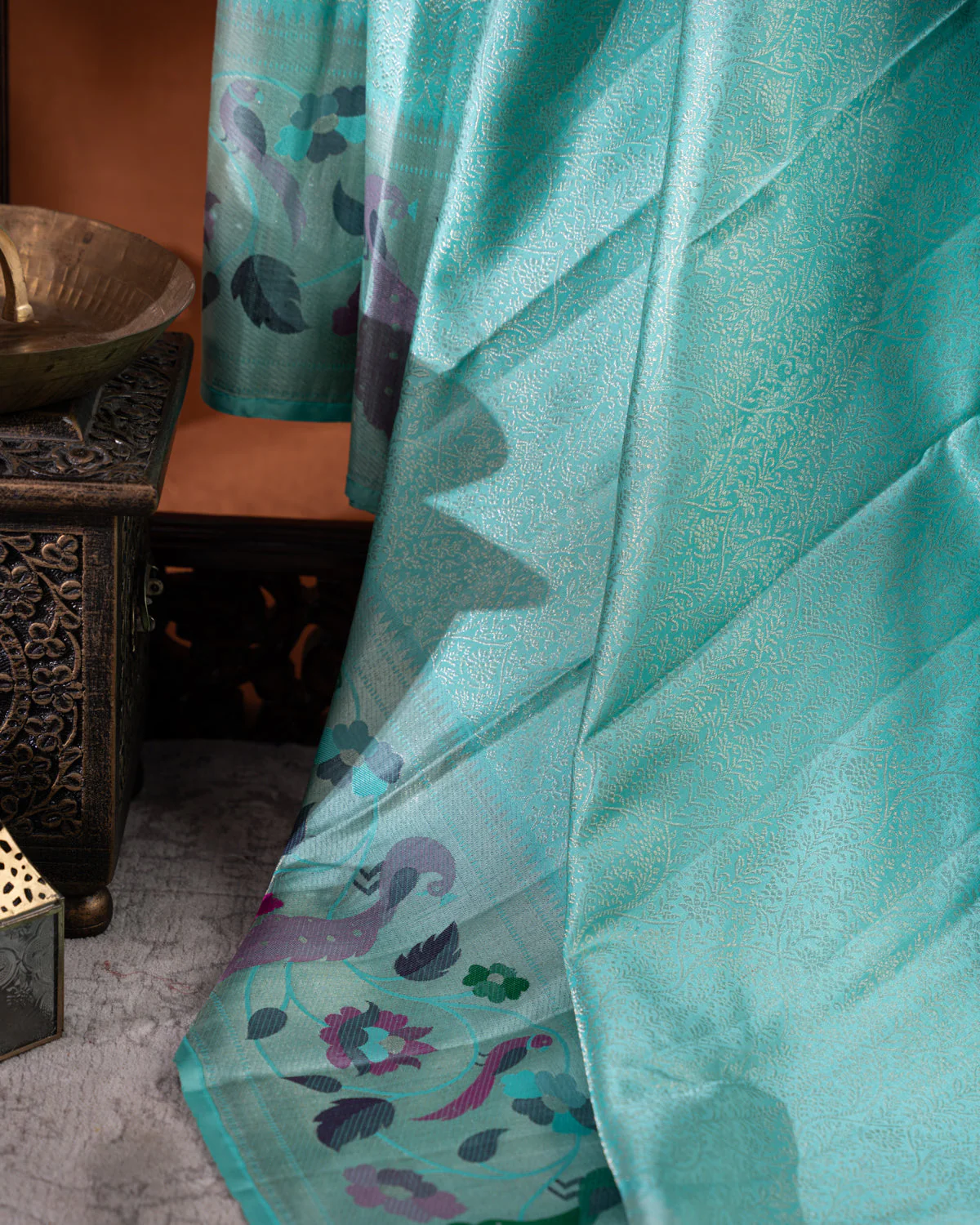 Teal Blue & Mustard Yellow Kanchipuram Silk Saree With Silver Zari Weaves - Image 9