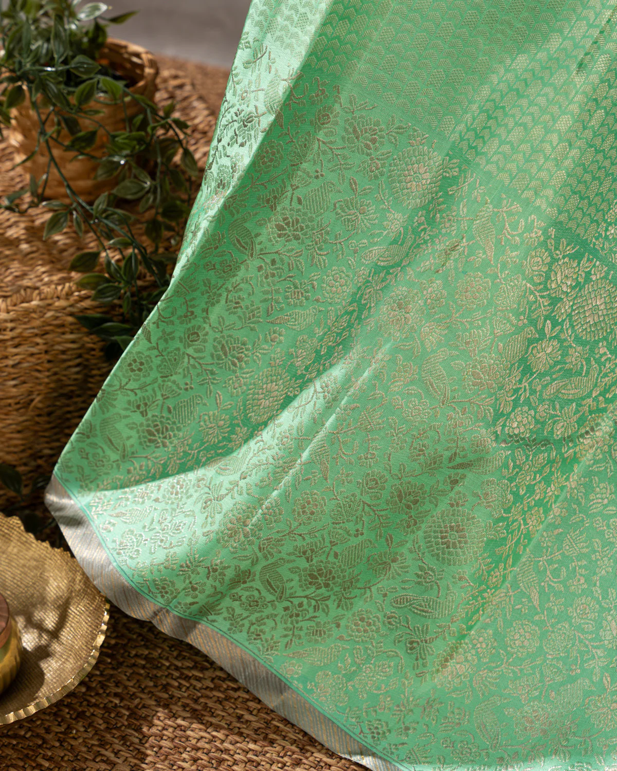 Teal Kanchipuram Silk Saree With Silver Zari Weaves - Image 5