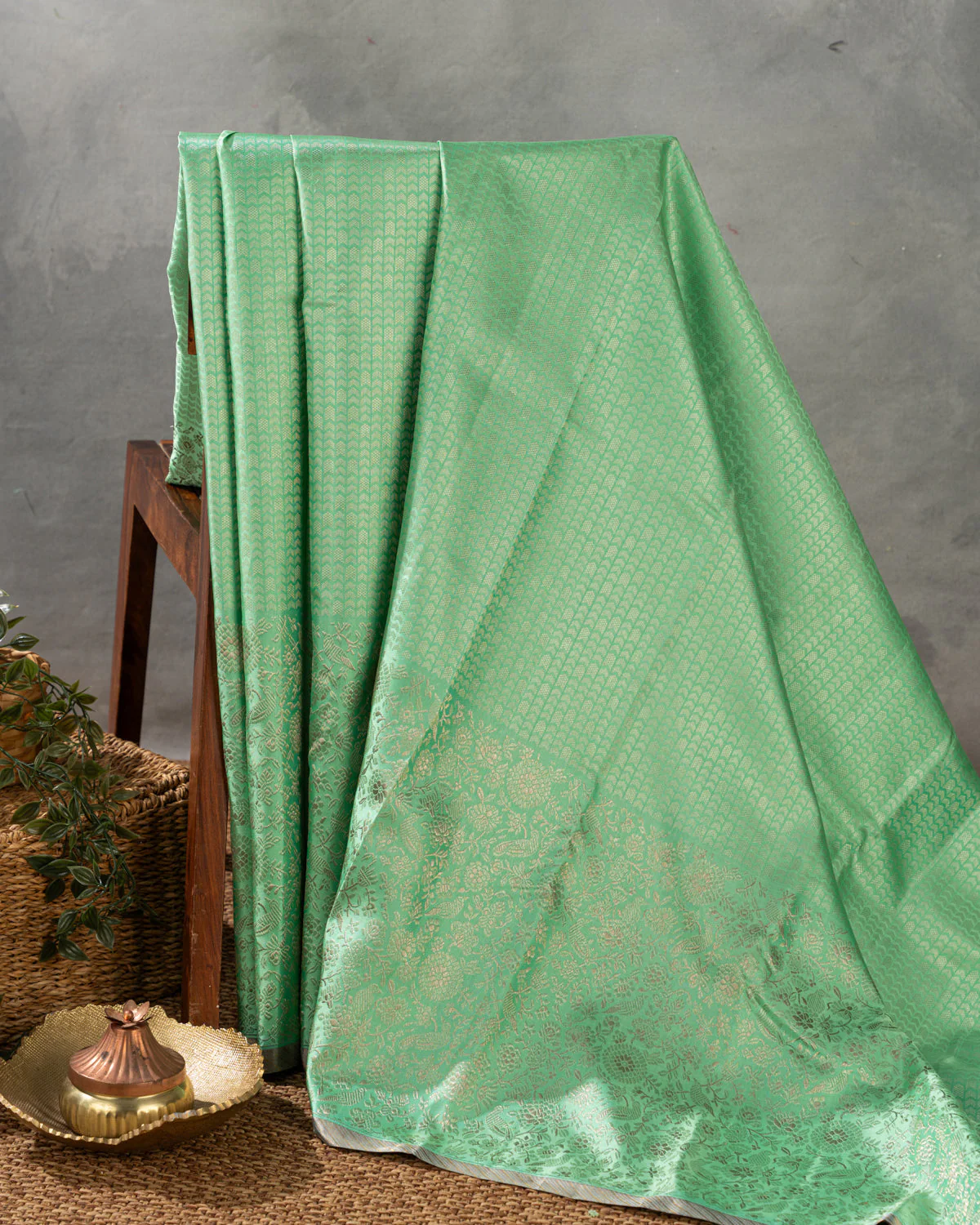 Teal Kanchipuram Silk Saree With Silver Zari Weaves - Image 9